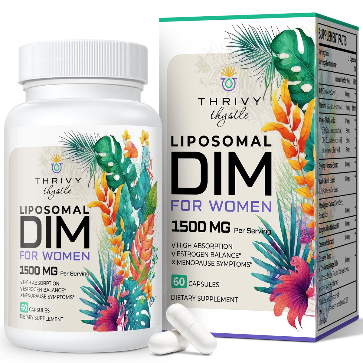 ThrivyThystle Liposomal DIM: botella para equilibrio hormonal diario.
