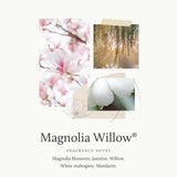 Etiqueta de diseño Magnolia Willow realza la estética del cuarto con aroma suave.
