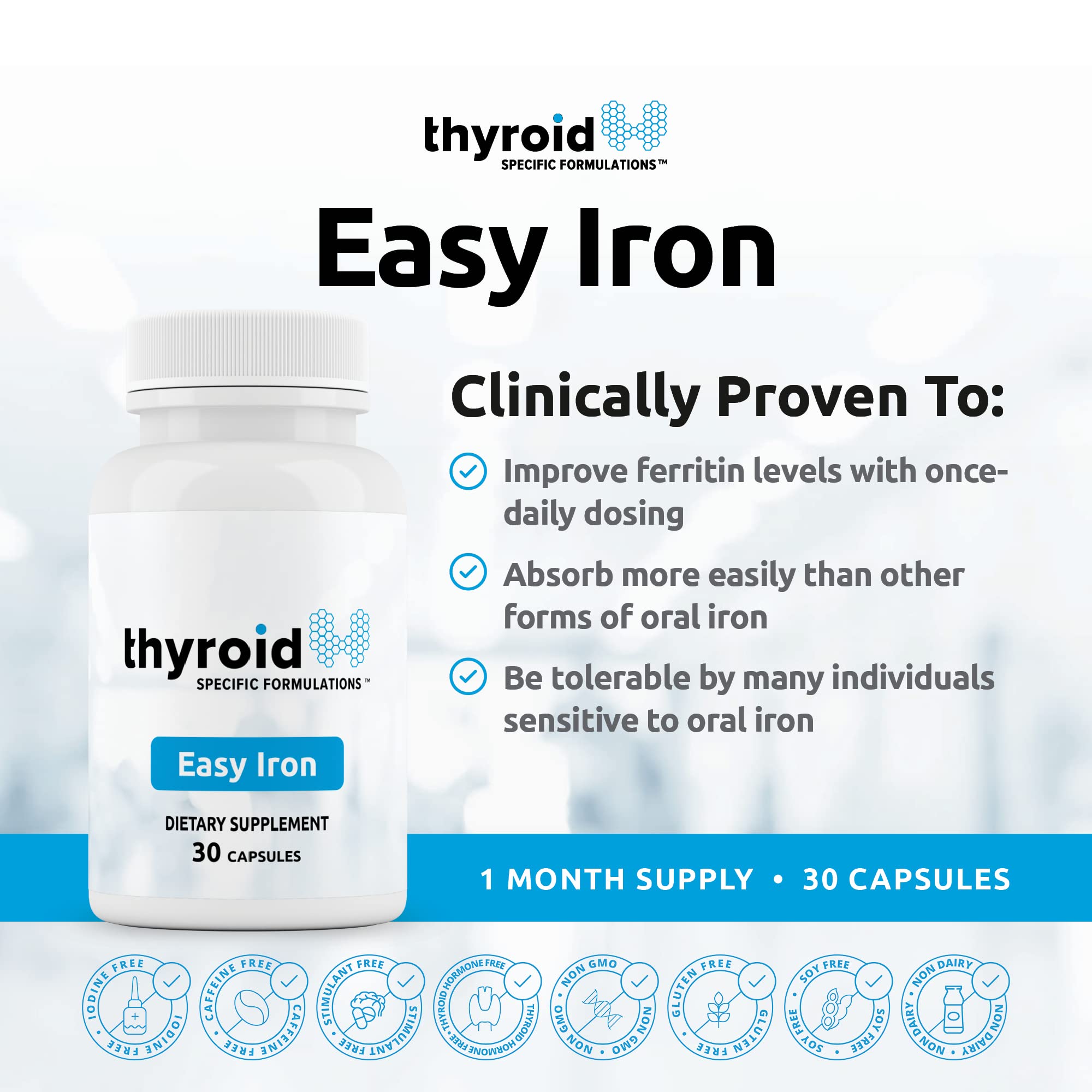Easy Iron de Thyroid Specific Formulations, cápsulas visibles para una toma diaria conveniente.