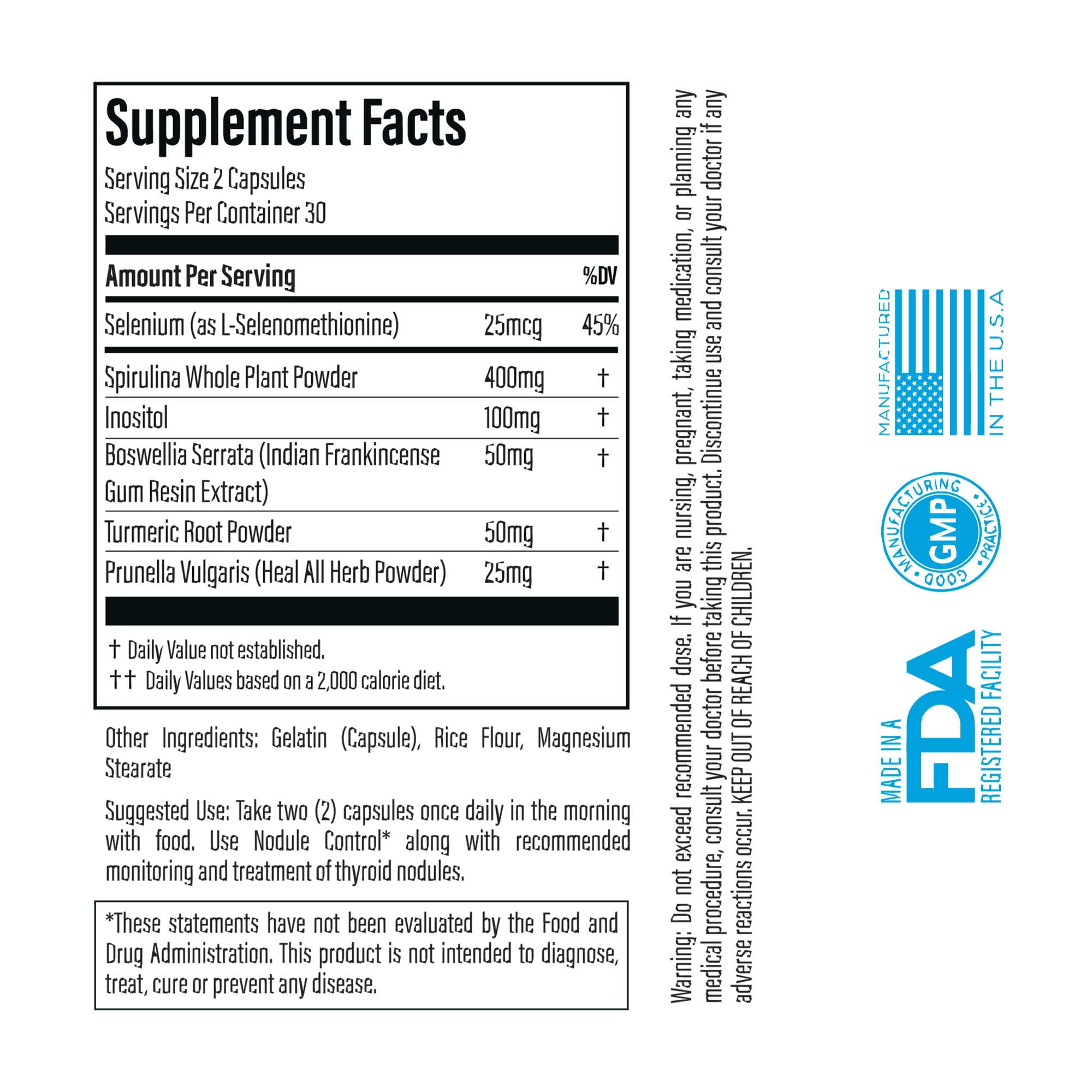 Thyroid Specific Formulations Nodule Control: etiqueta destacando libre de yodo y no GMO