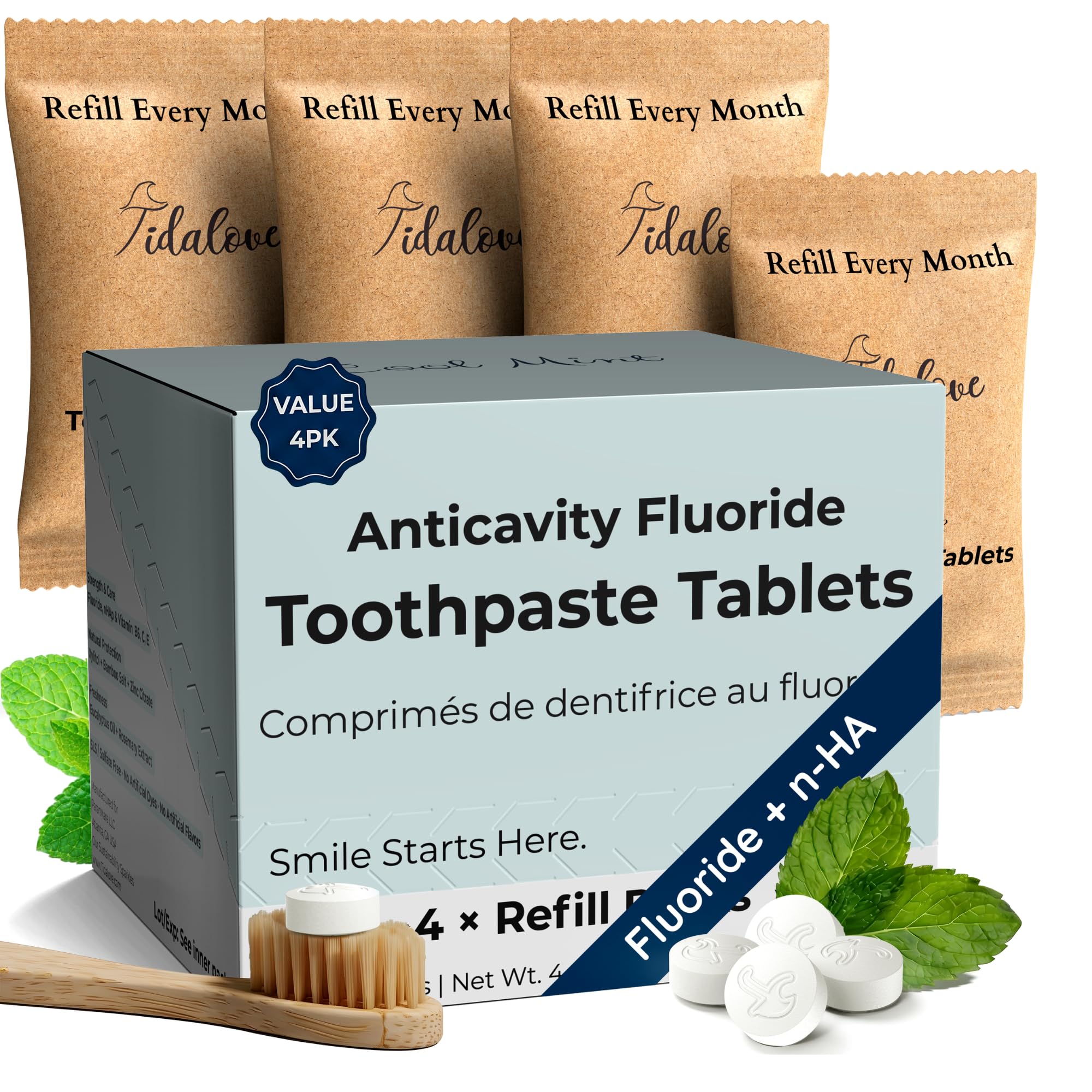 Tableta dental de Tidalove con fluoruro y nHAp para aliento fresco.
