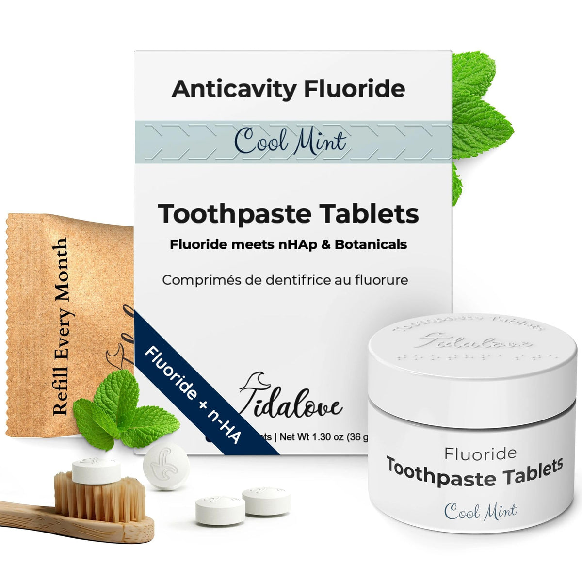 Tabletas dentales de Tidalove, fluoruro nhap, posible cuidado del esmalte.