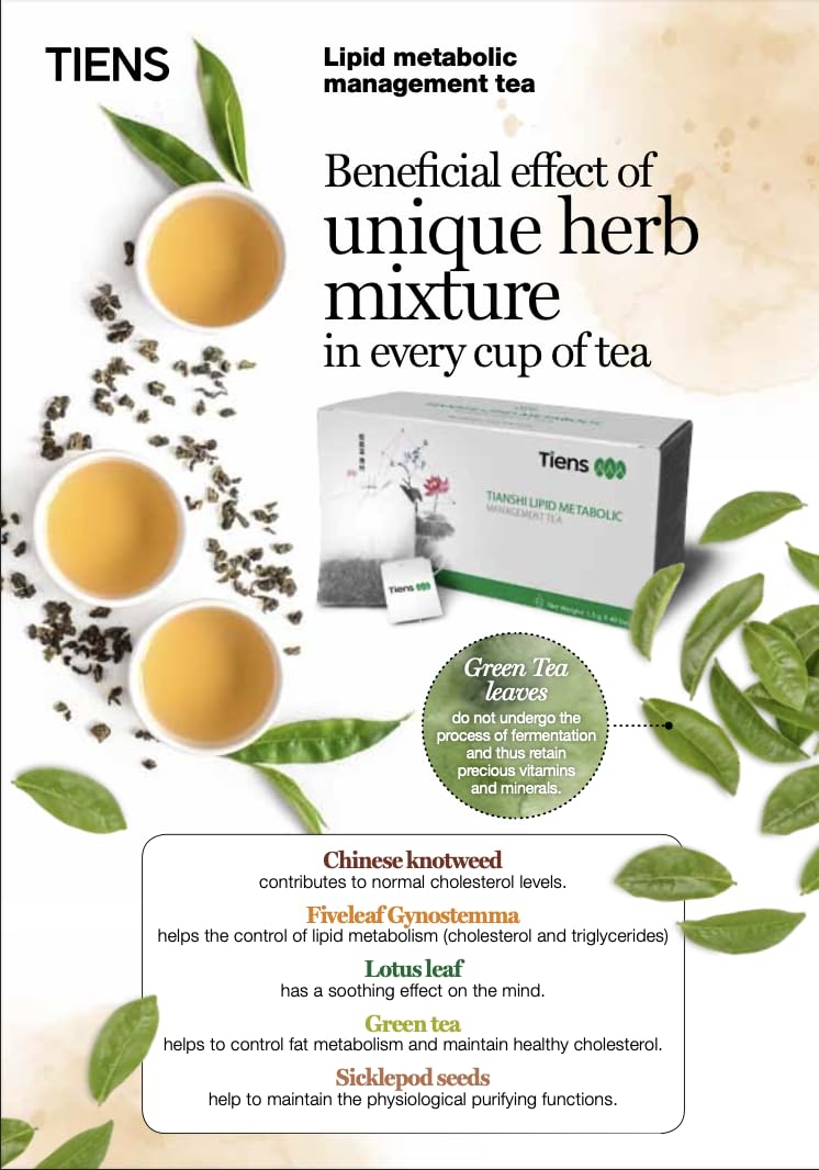 TIENS té gestión lipídica contiene cassia y nudo chino para sabor distintivo.