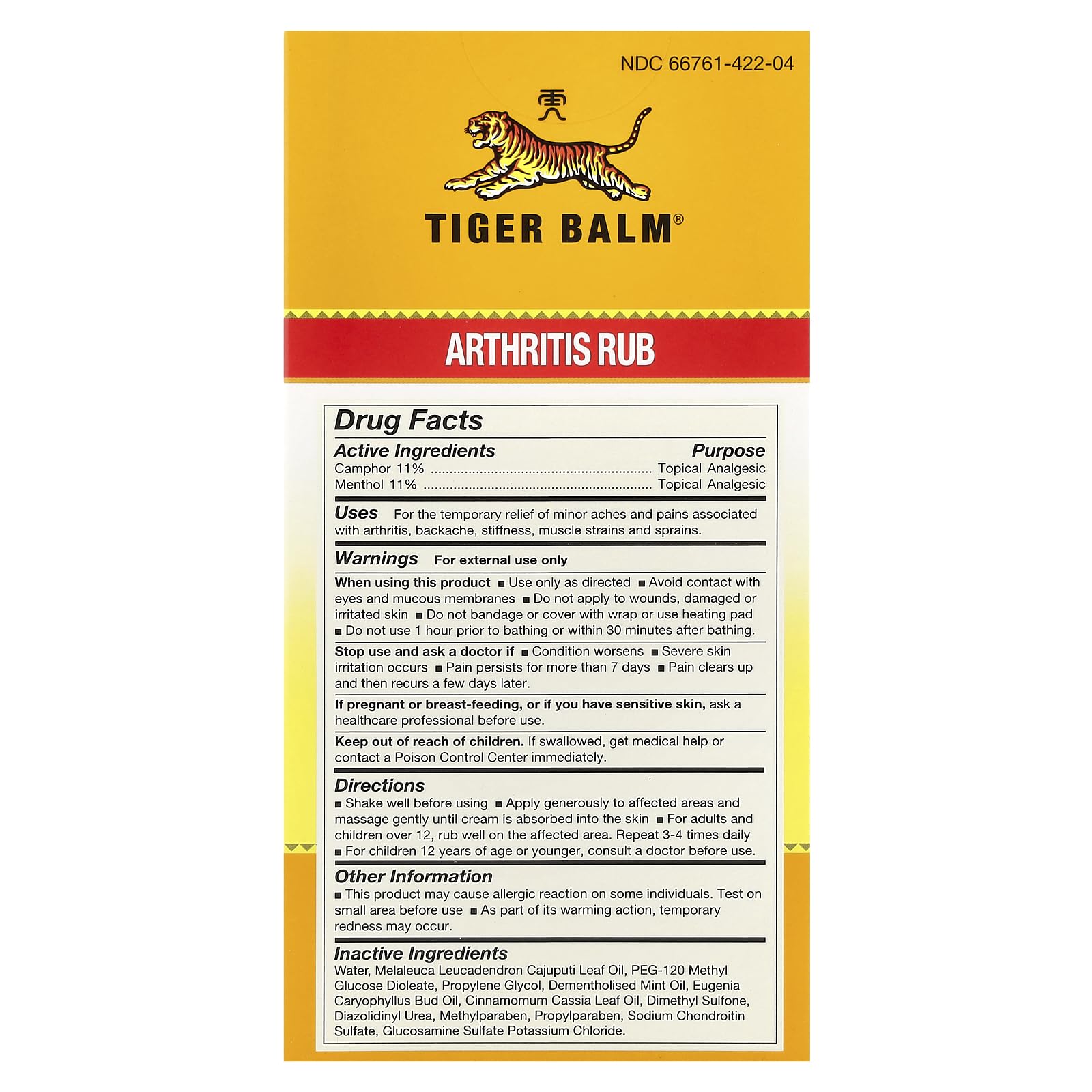 Tiger Balm Arthritis Rub camfora y mentol para alivio localizado.