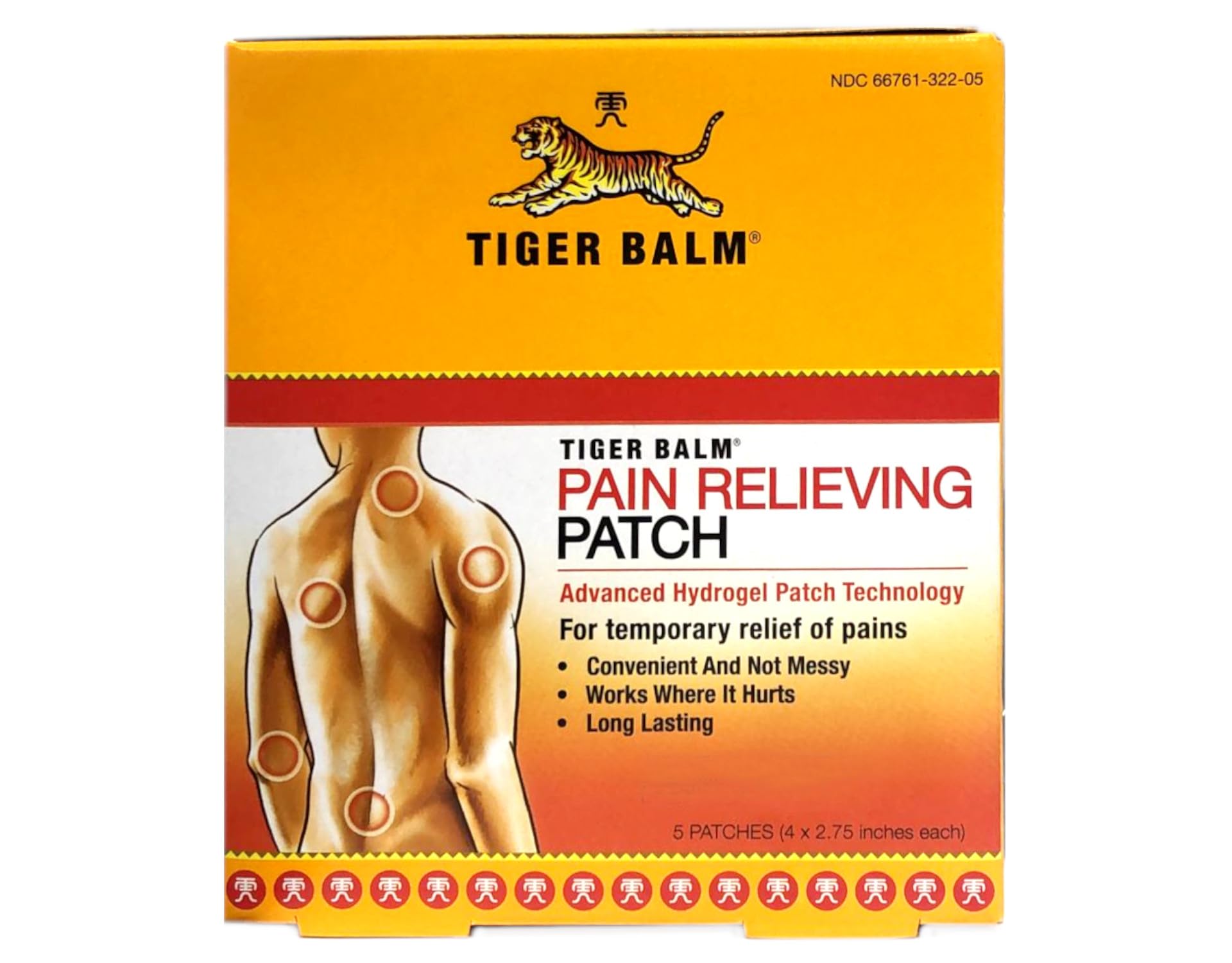 Tiger Balm Parche 5 Unidades en el frente del envase, fácil de llevar.