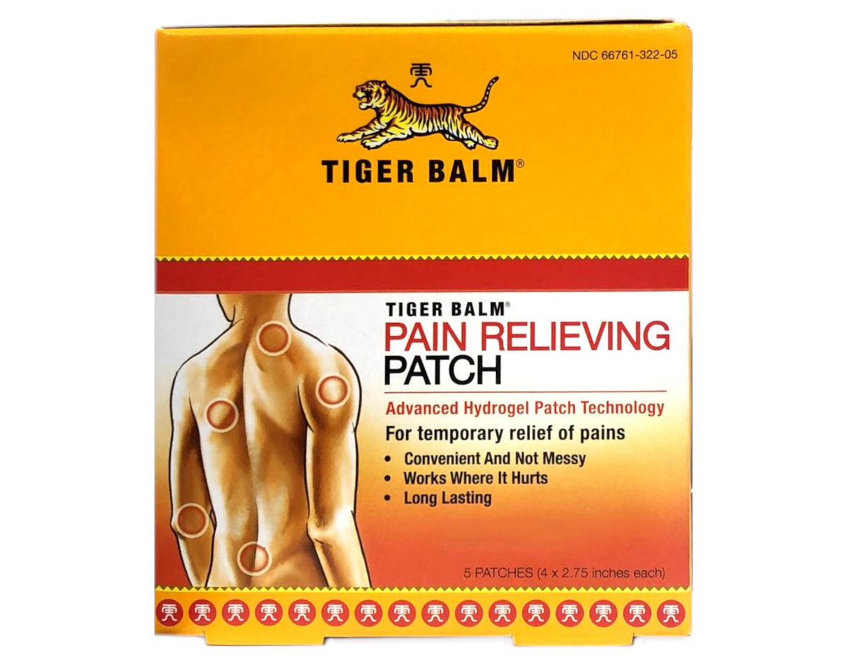 Tiger Balm Parche 5 Unidades en el frente del envase, fácil de llevar.