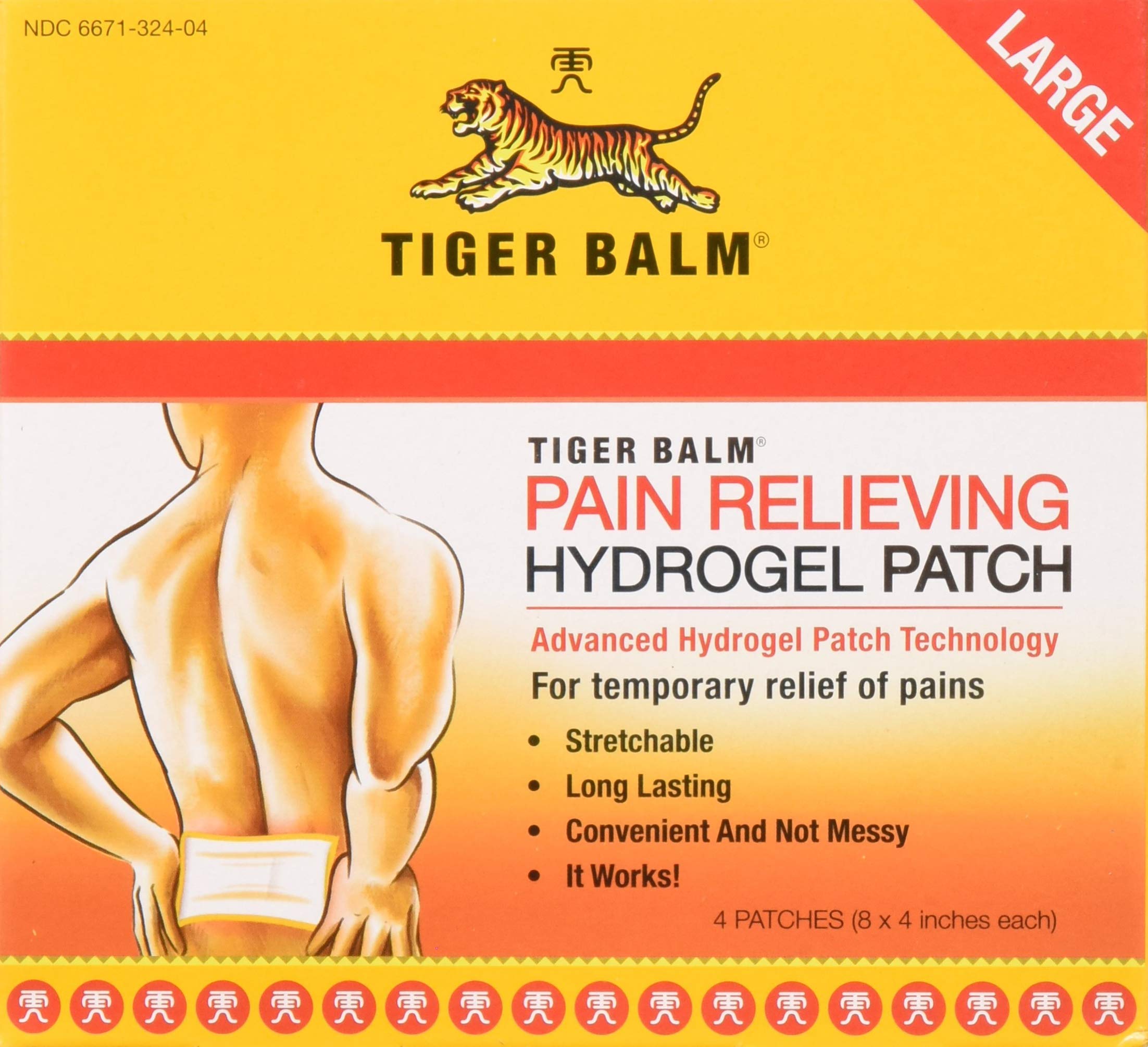 Parche grande de Tiger Balm aplicado en la espalda para alivio cómodo