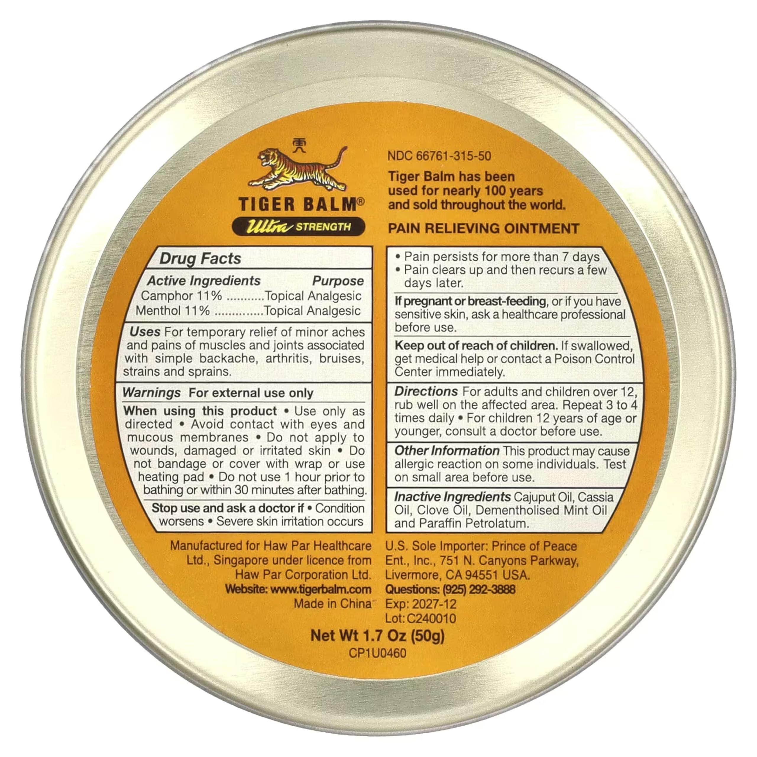 Tiger Balm ungüento sensación calor penetrante para músculos