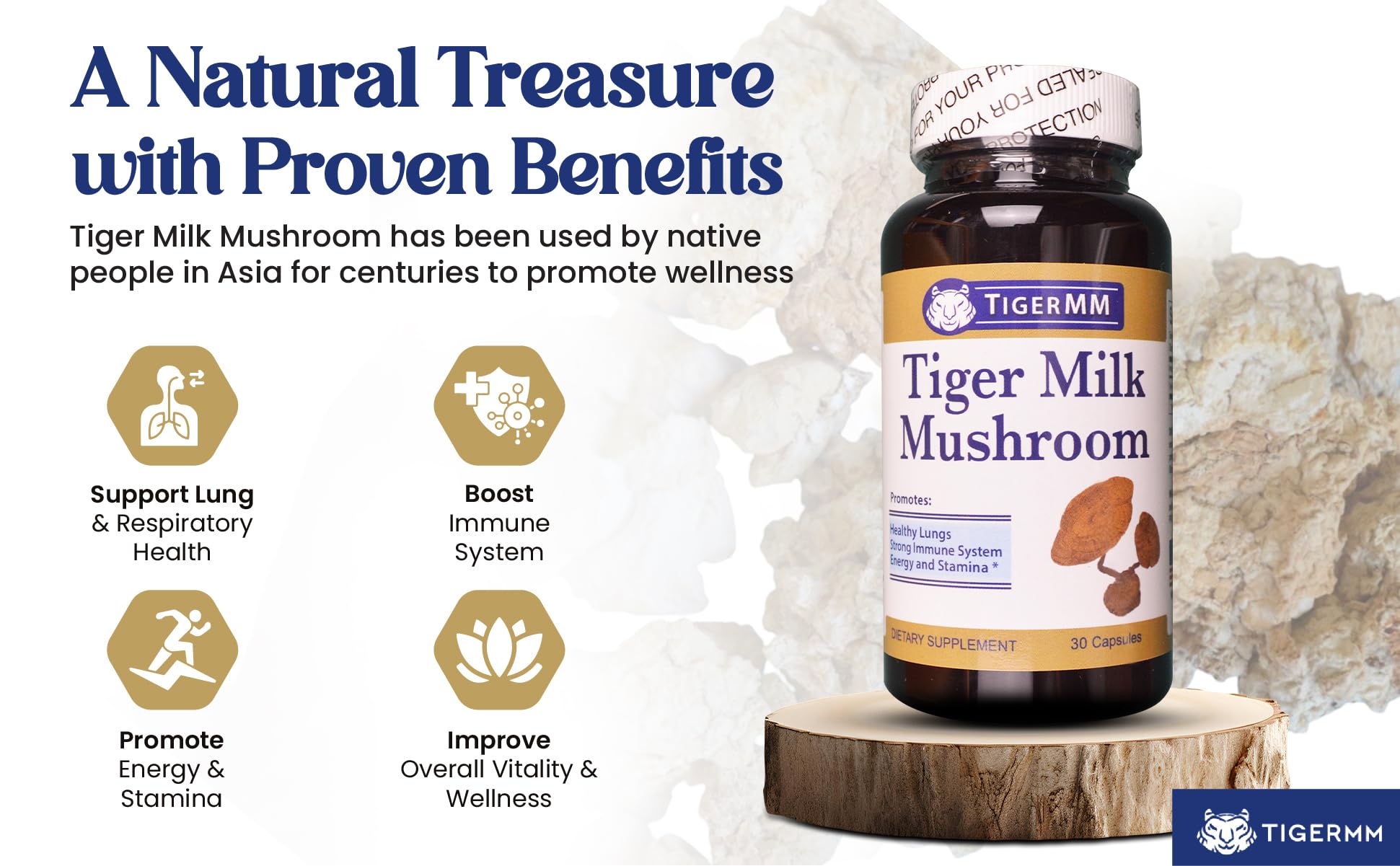 TIGERMM Tiger Milk Mushroom cápsulas 30 fuente vegetariana para energía sostenida.