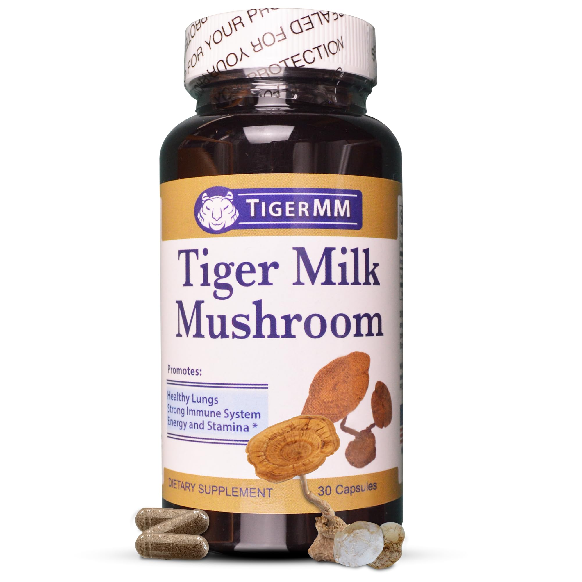 TIGERMM Tiger Milk Mushroom envase frontal posible apoyo para pulmones y sistema respiratorio.
