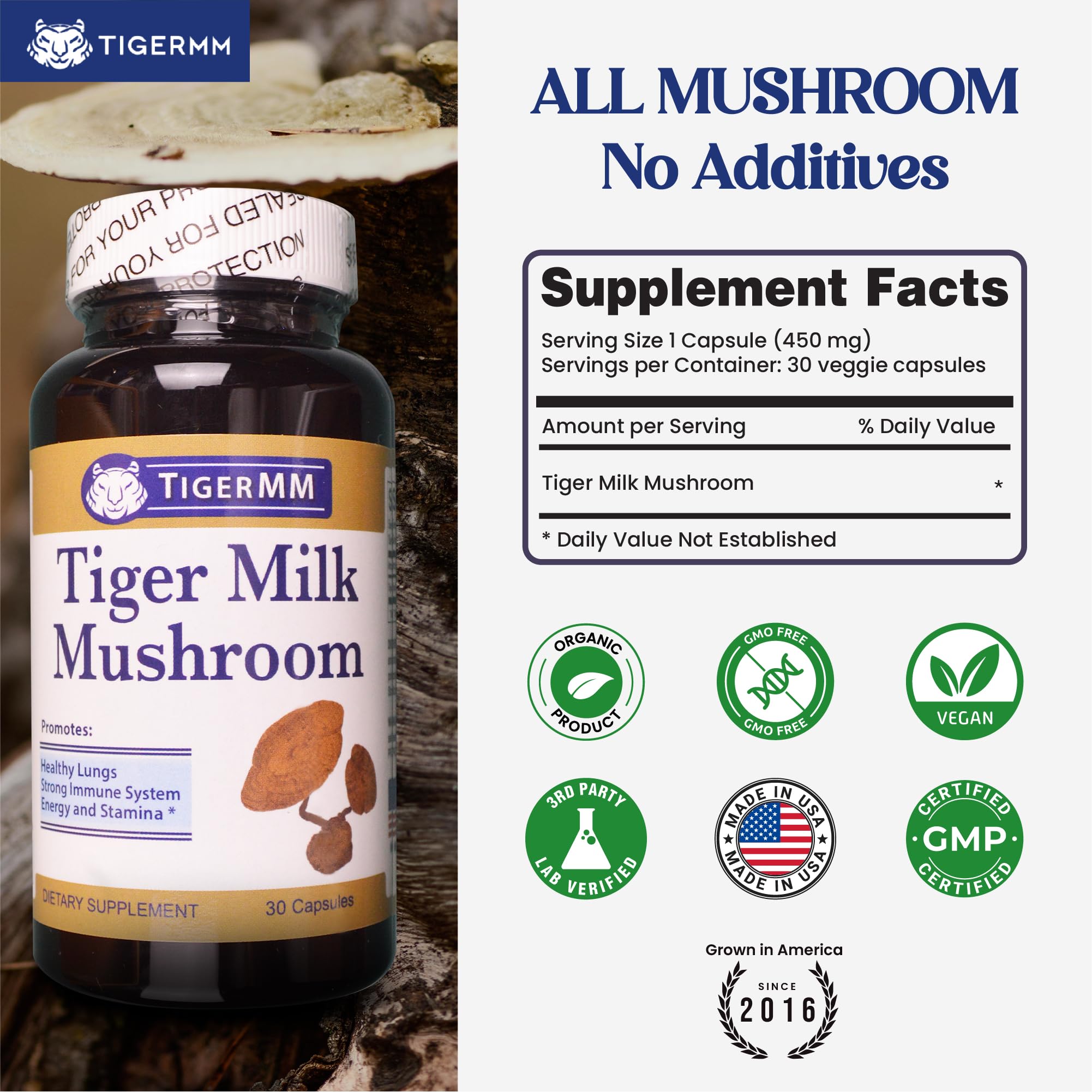 TIGERMM Tiger Milk Mushroom etiqueta frontal información clara sobre cultivo en EE.UU.