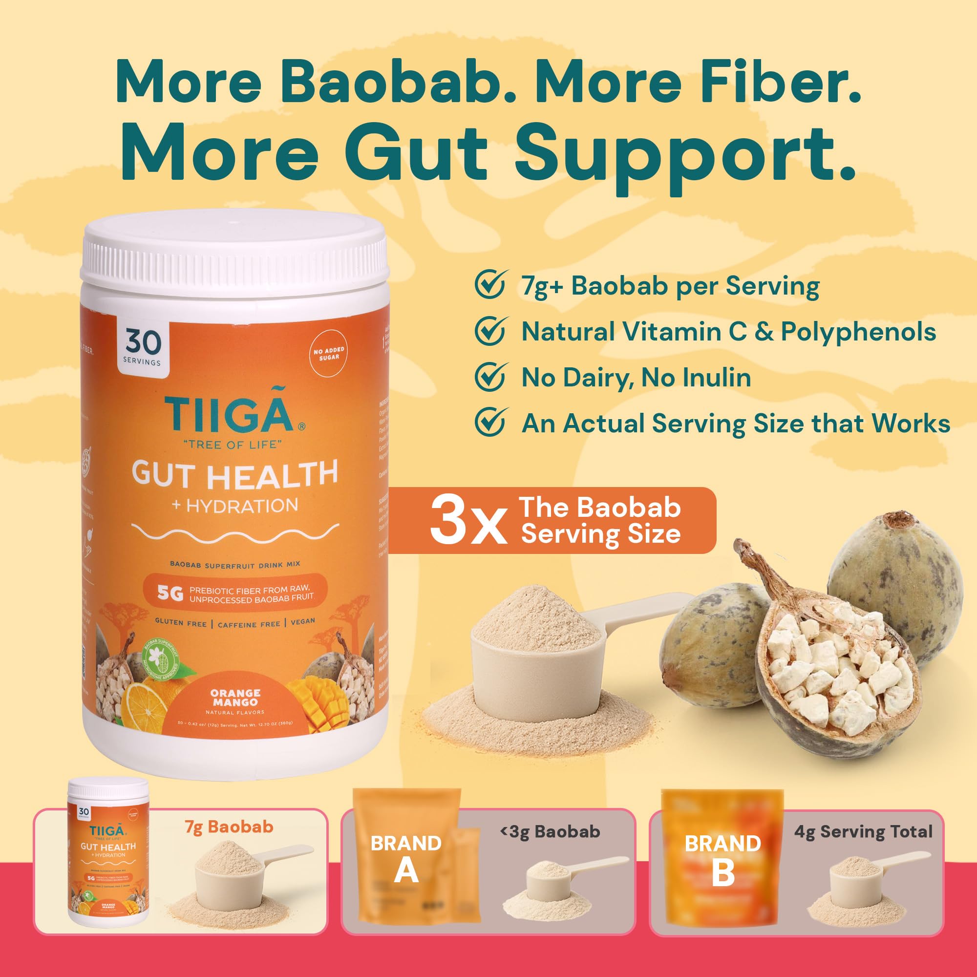 Polvo Tiiga de baobab: fibra prebiótica natural para una digestión suave.