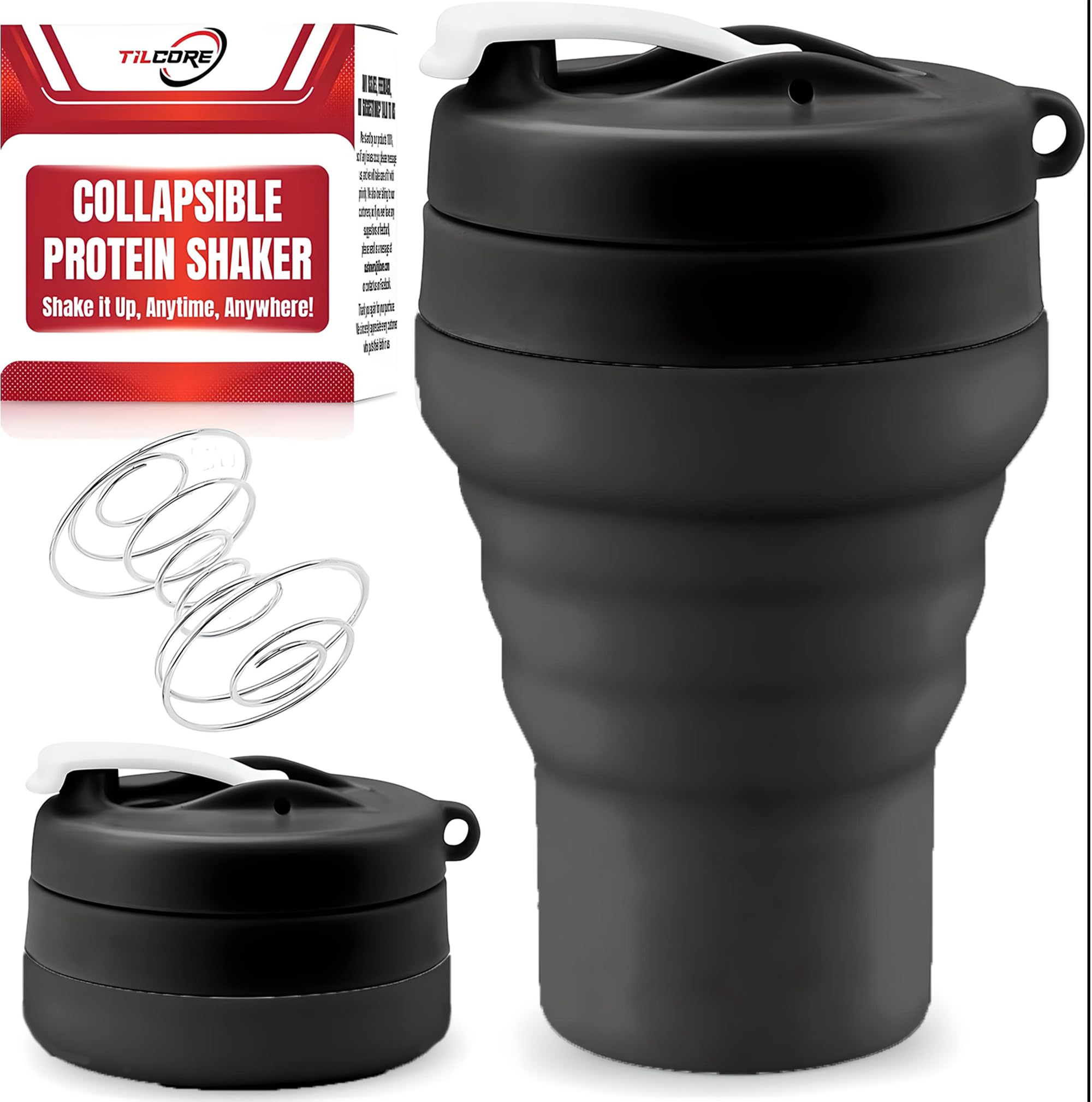 Tilcore agitador colapsable 600 ml con tapa a prueba de fugas para gimnasio y viaje.