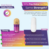 TIME-CAP LABS Esomeprazol 20 mg, botella trasera, control de ácido durante el día.