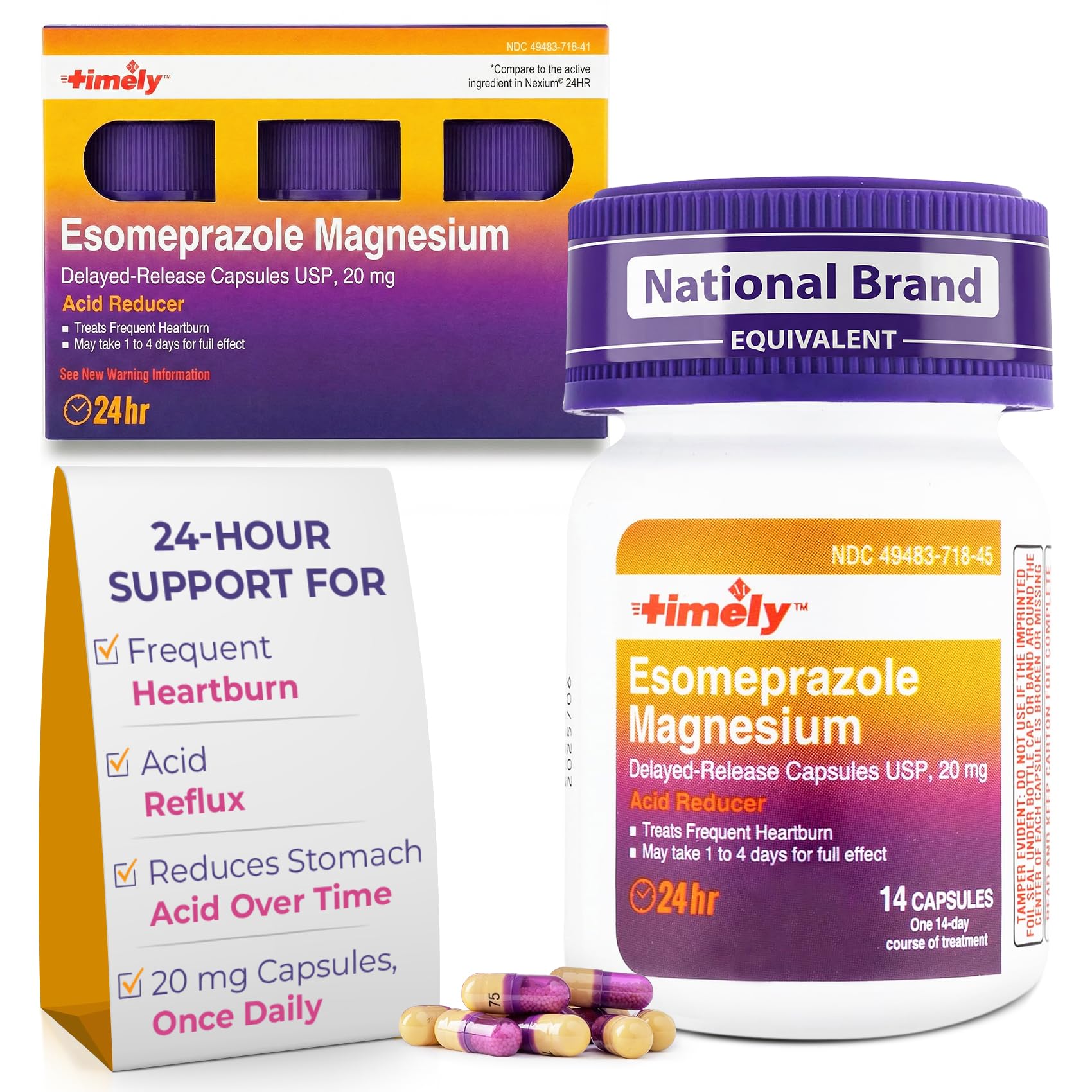  TIME-CAP LABS Esomeprazol 20 mg, botella frontal, apoyo diario para el ardor.