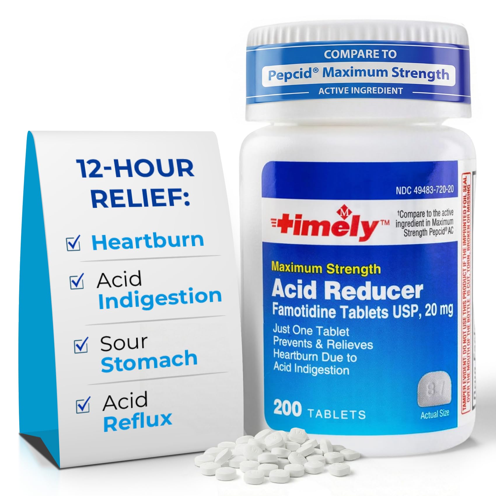 TIME-CAP LABS Famotidina 20 mg, tableta en botella para alivio diario de la acidez.