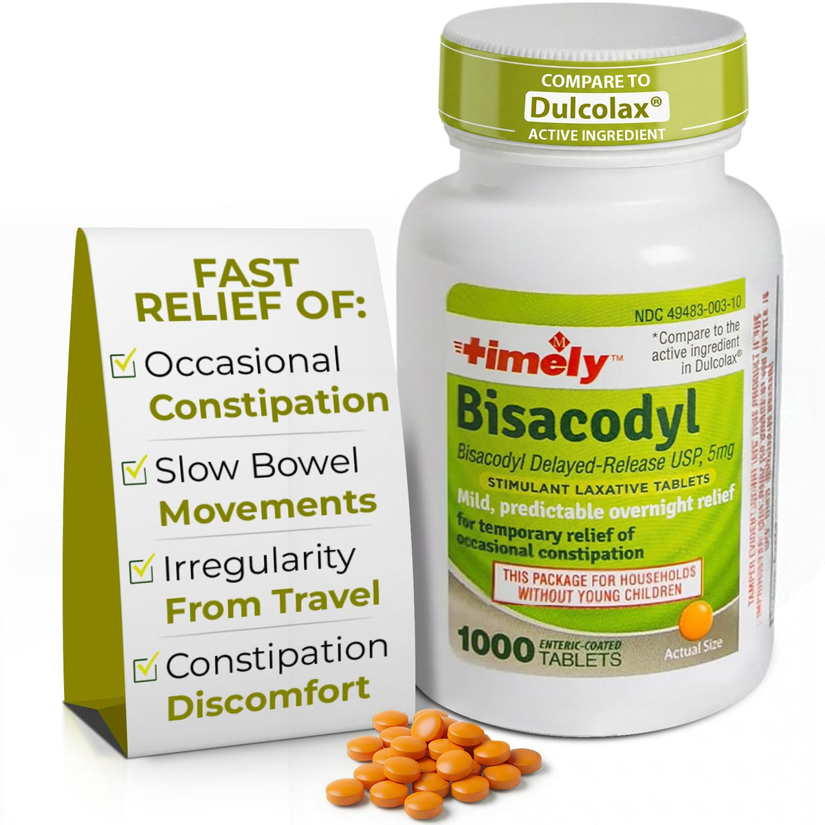 TIME-CAP LABS laxante bisacodilo 5 mg, botella de tabletas para alivio nocturno.