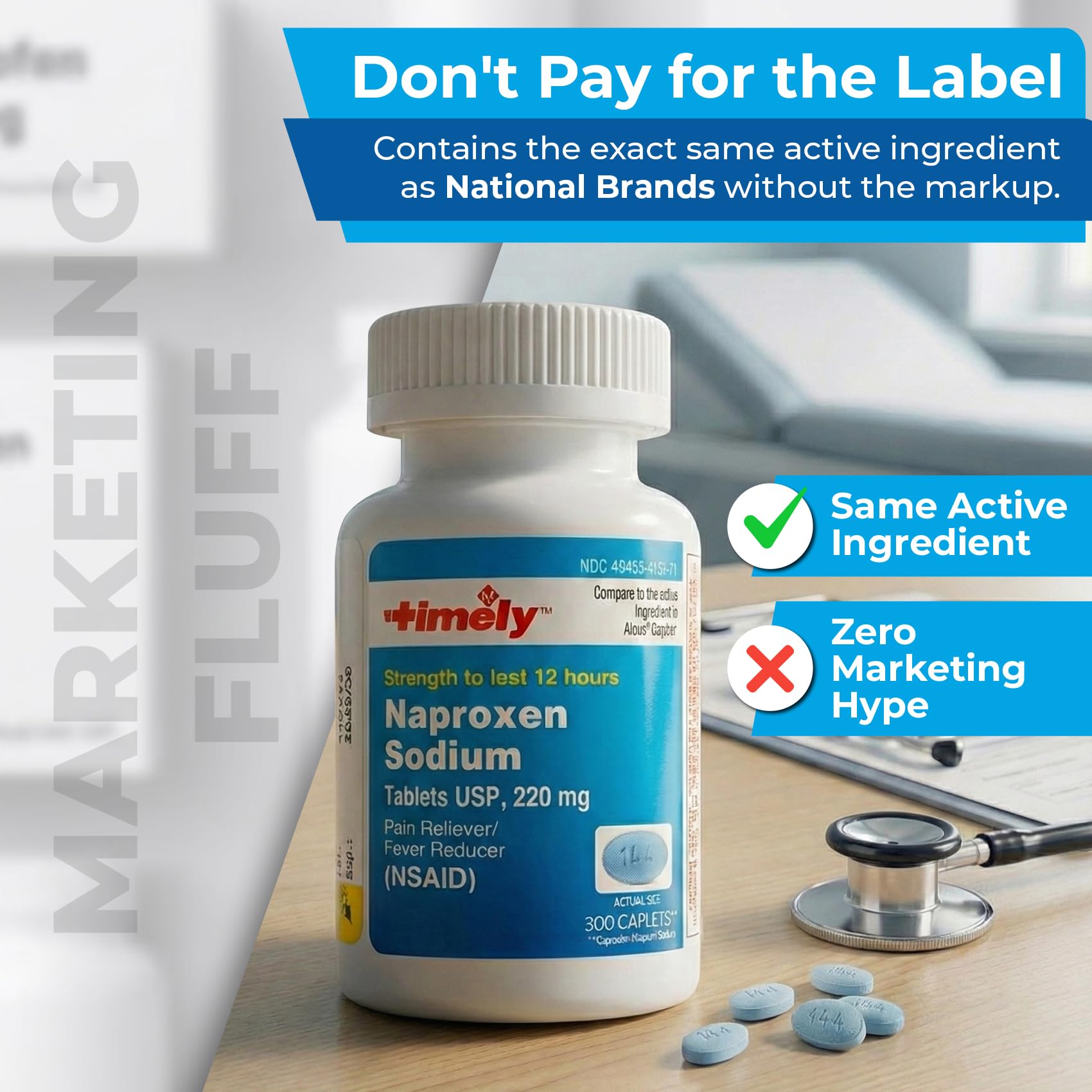TIME-Cap Labs Naproxeno Sódico 220 mg, etiqueta clara que ayuda a identificar dosis