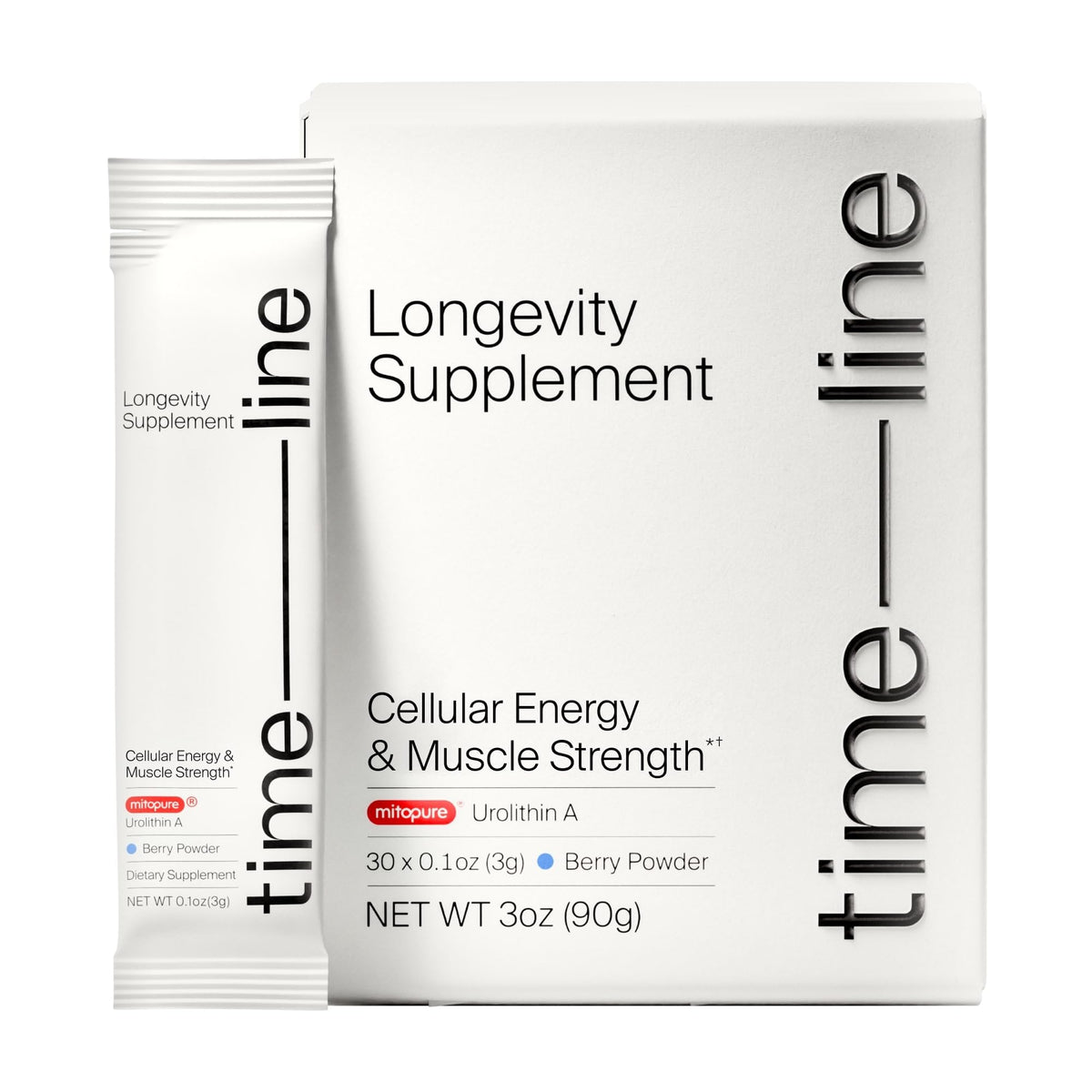 Timeline Mitopure botella destaca pureza y potencia para vitalidad celular.