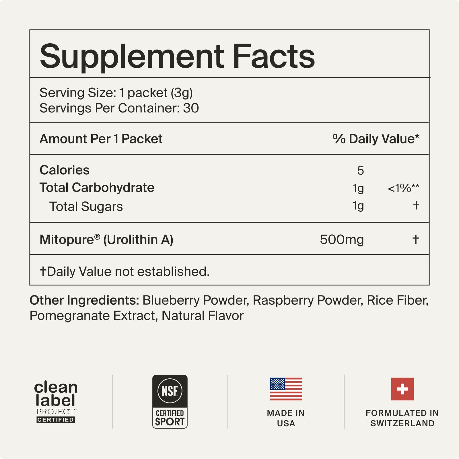 Timeline Mitopure polvo medido facilita la dosificación diaria de 500 mg.