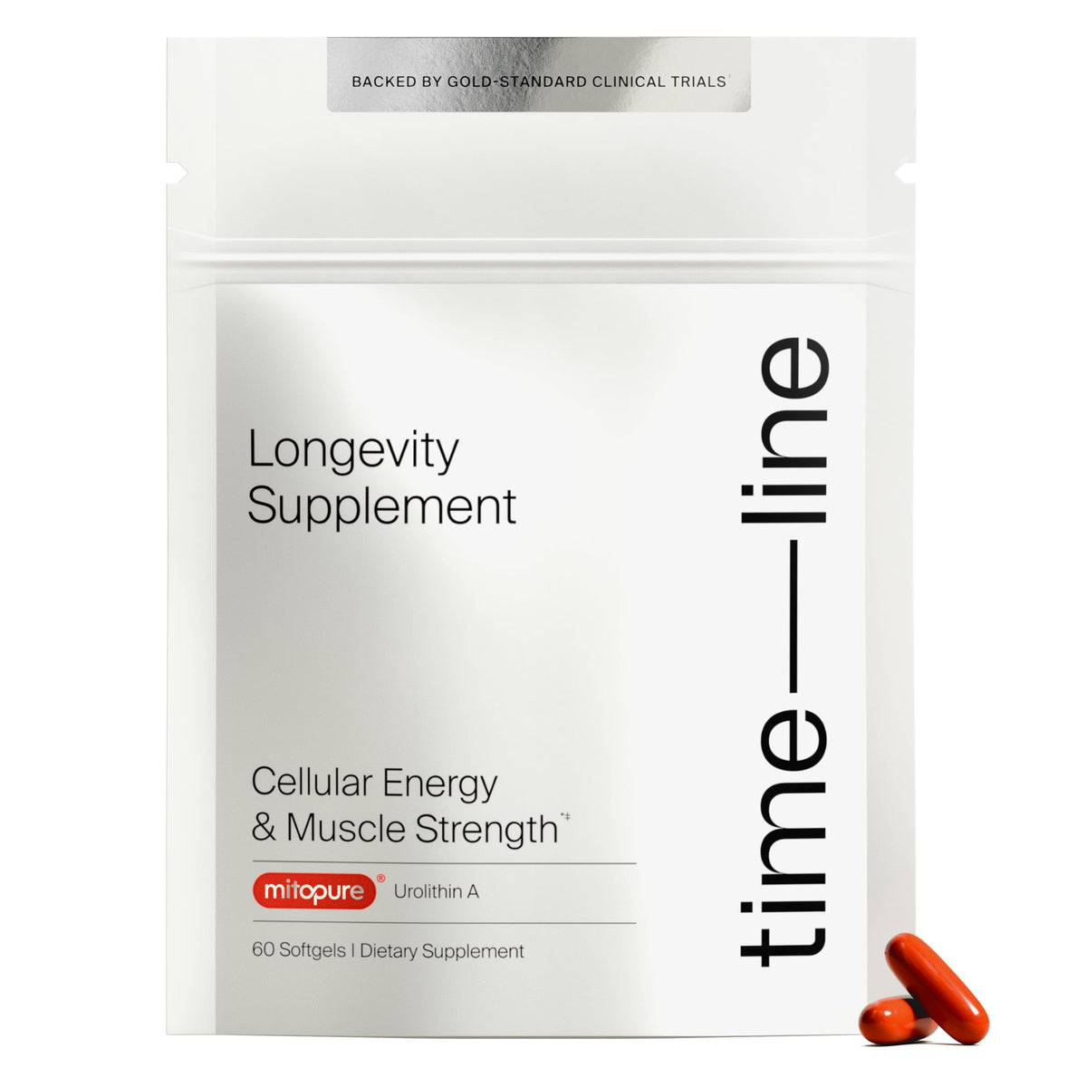 Timeline Mitopure softgels bottle front; supports cellular energy and daily wellness.