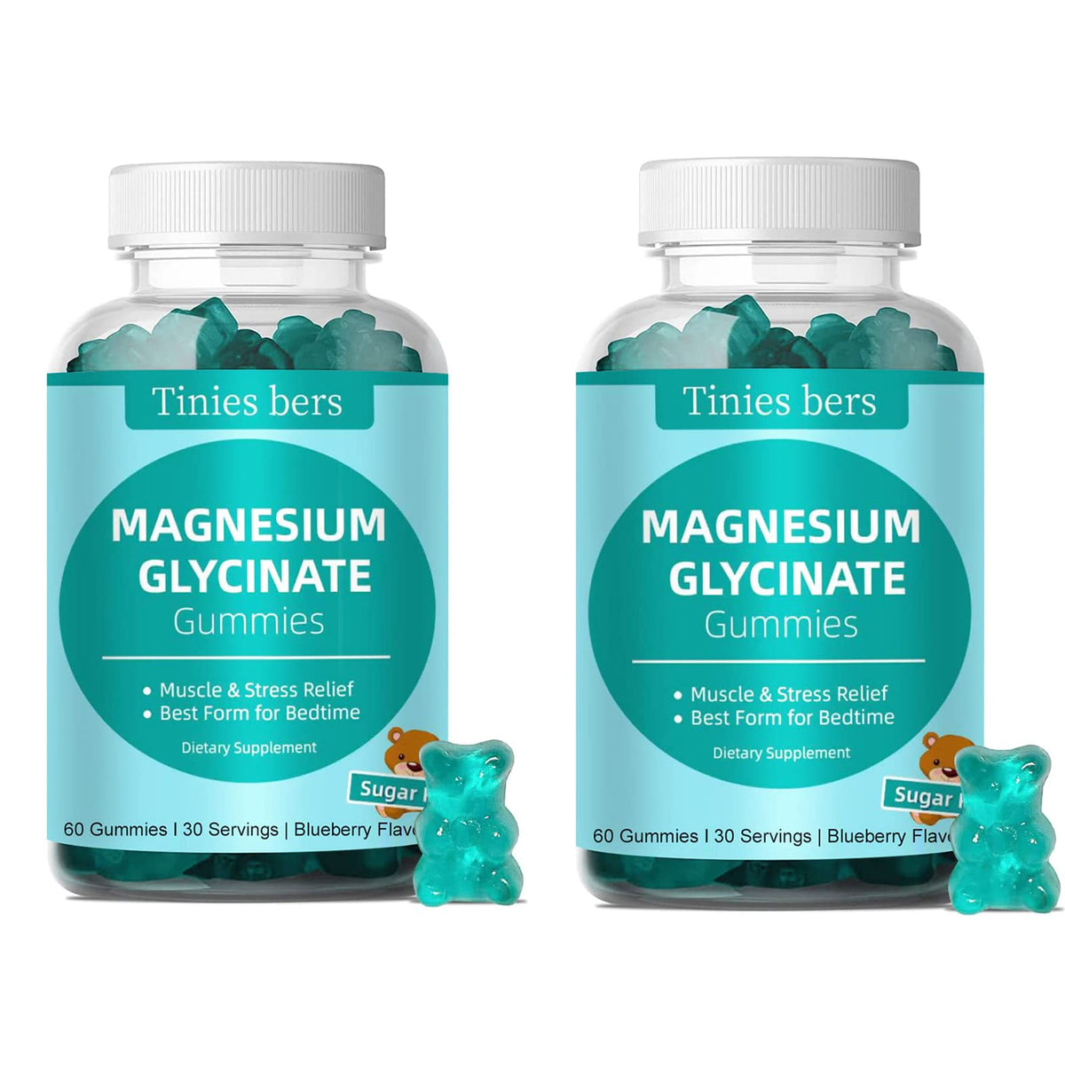 Gomitas Tinies bers Magnesio glicinato 500 mg en empaque, posible apoyo diario.