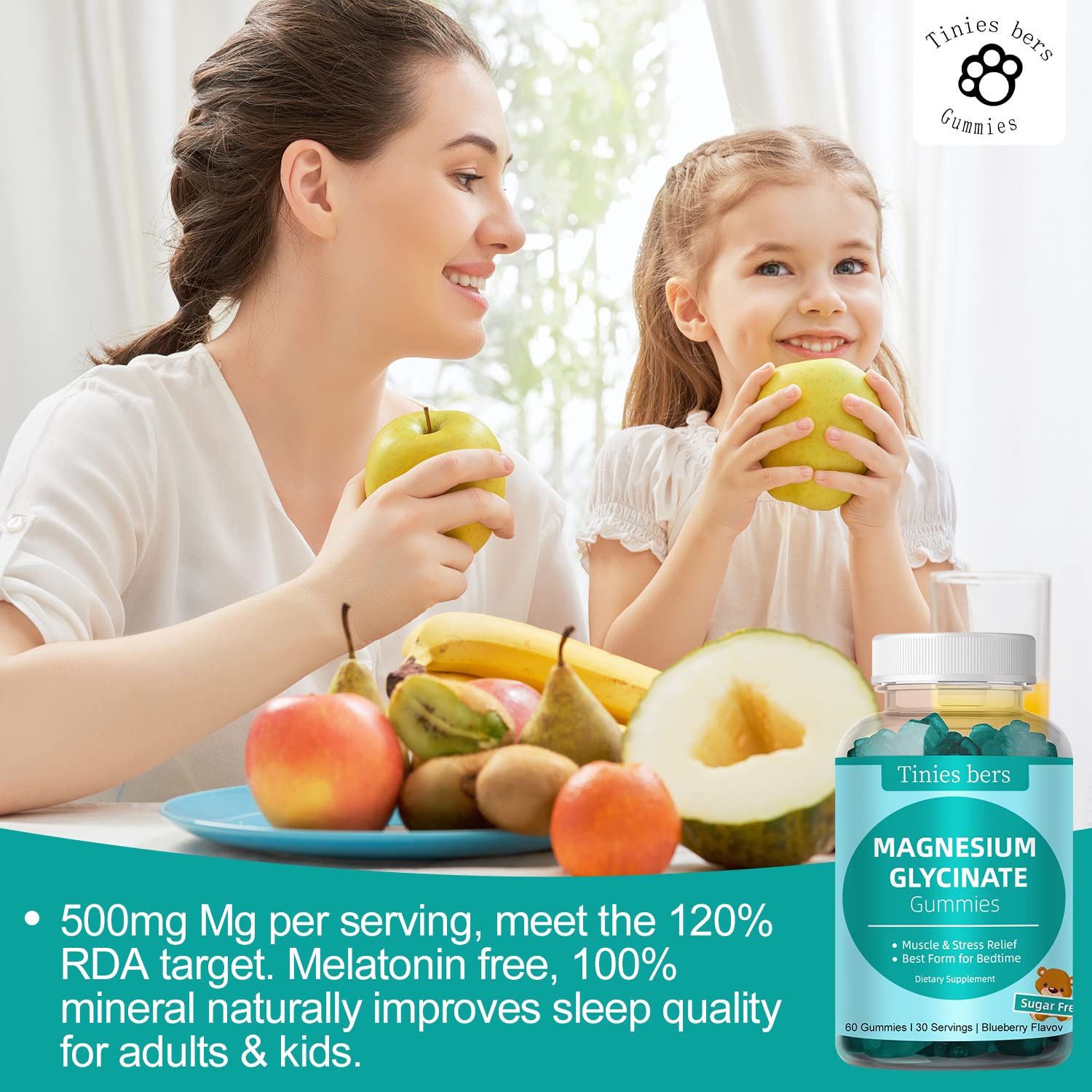 Gomitas Tinies bers Magnesio glicinato 500 mg, sin gluten, adecuadas para dietas.