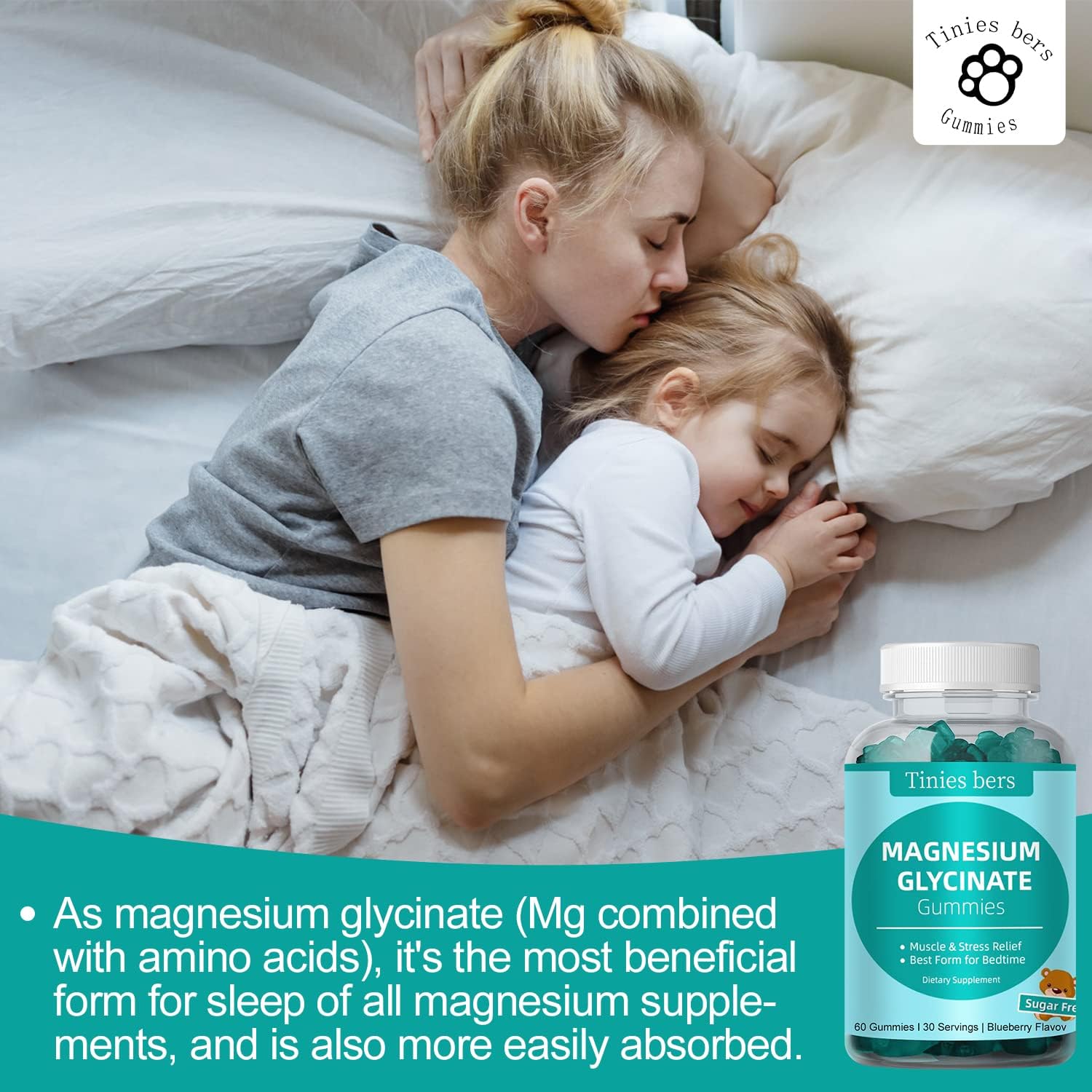 Gomitas Tinies bers Magnesio glicinato 500 mg, sin melatonina para sueño natural.