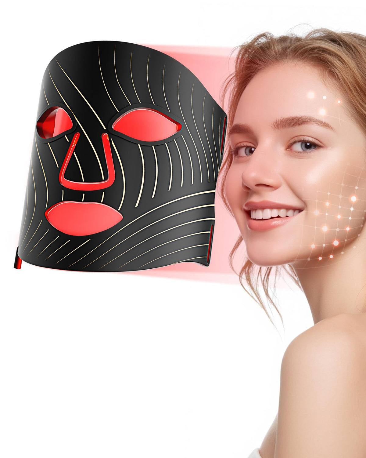 Máscara tinkoola con luz roja en el rostro para uso facial en casa.