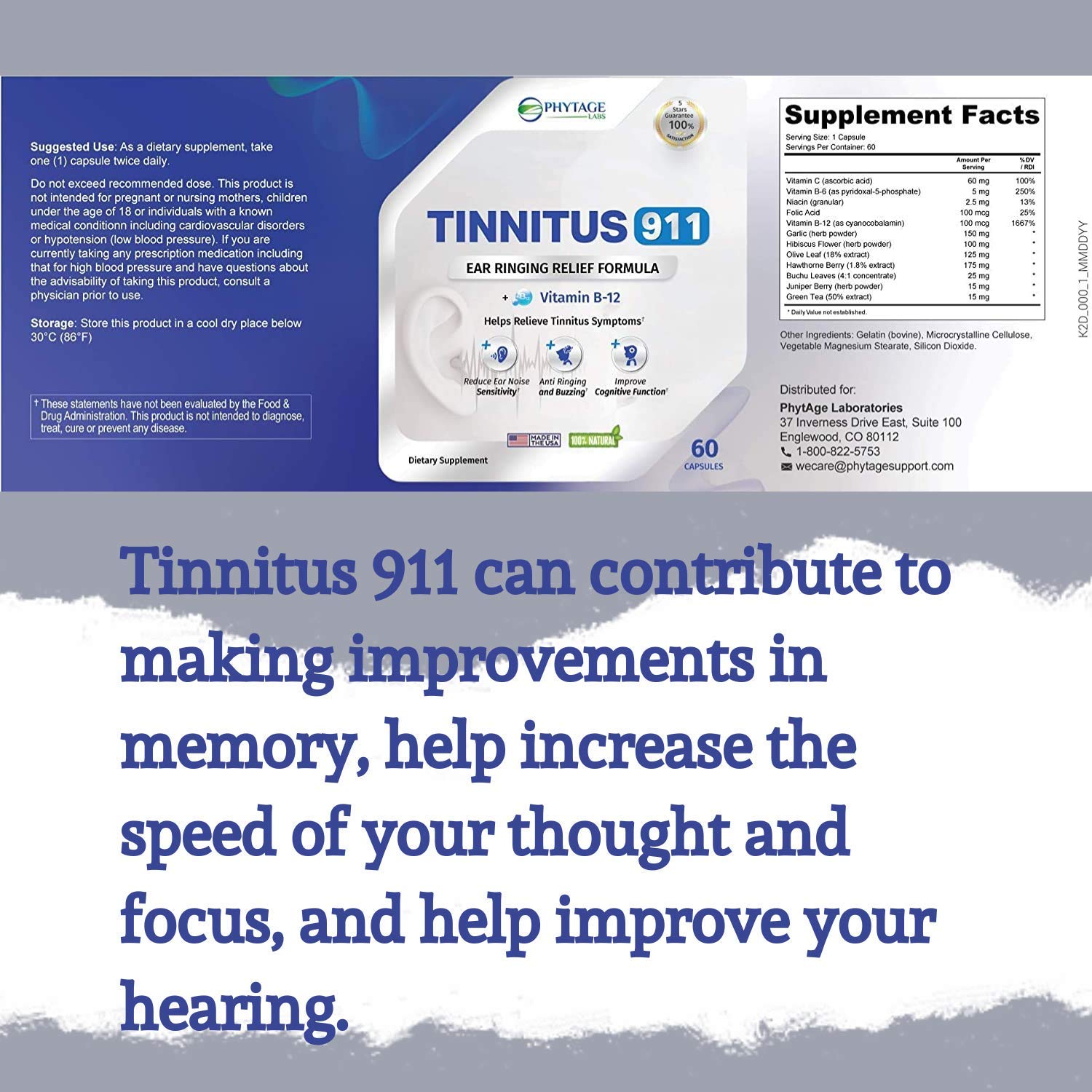 Caja presentación de Tinnitus 911 con datos claros