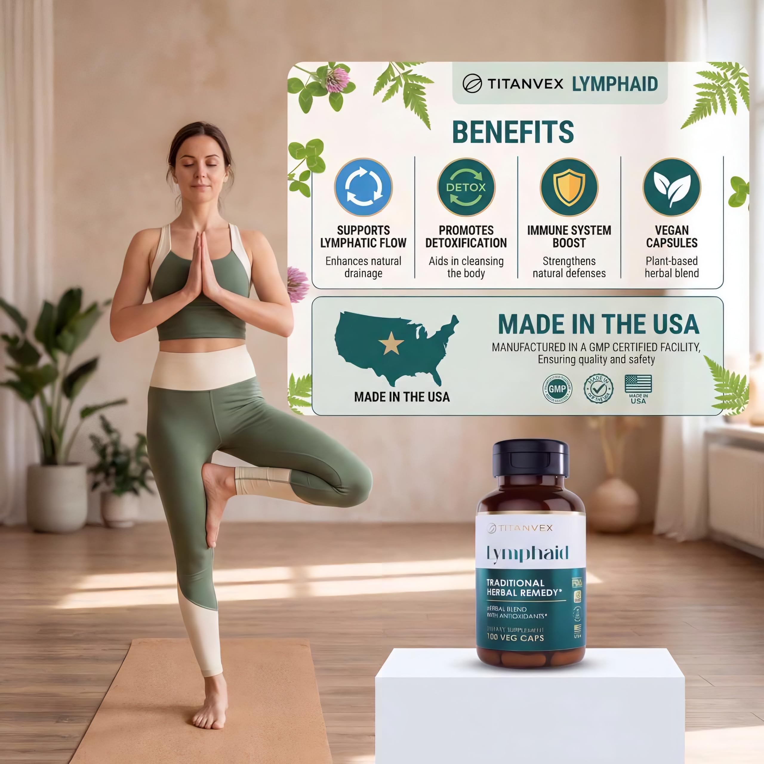 Mezcla herbal de TitanVex Lymphaid con antioxidantes para bienestar.