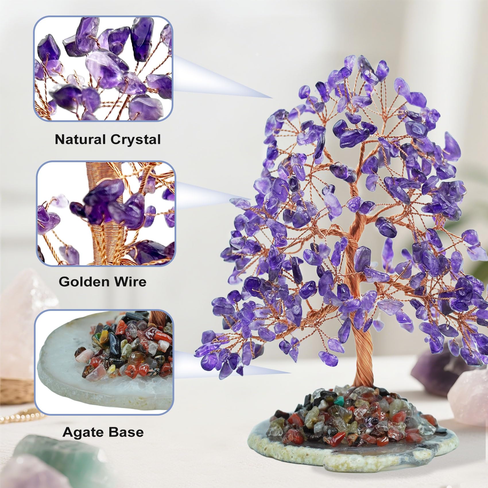 Tizzomx Árbol amatista tronco de metal y base de madera para decoración zen.