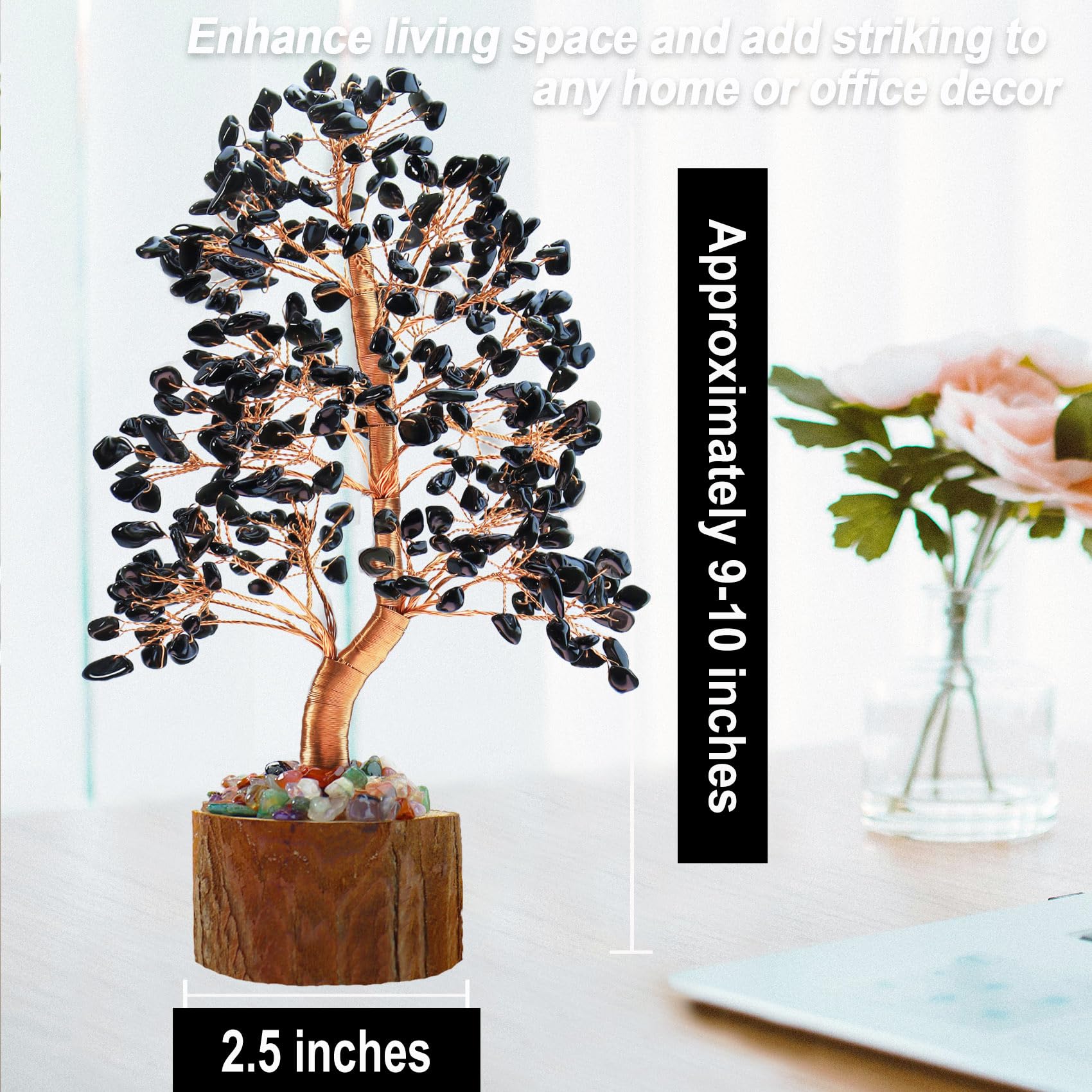 Tizzomx Árbol Obsidiana, base de madera, decorativo y estable