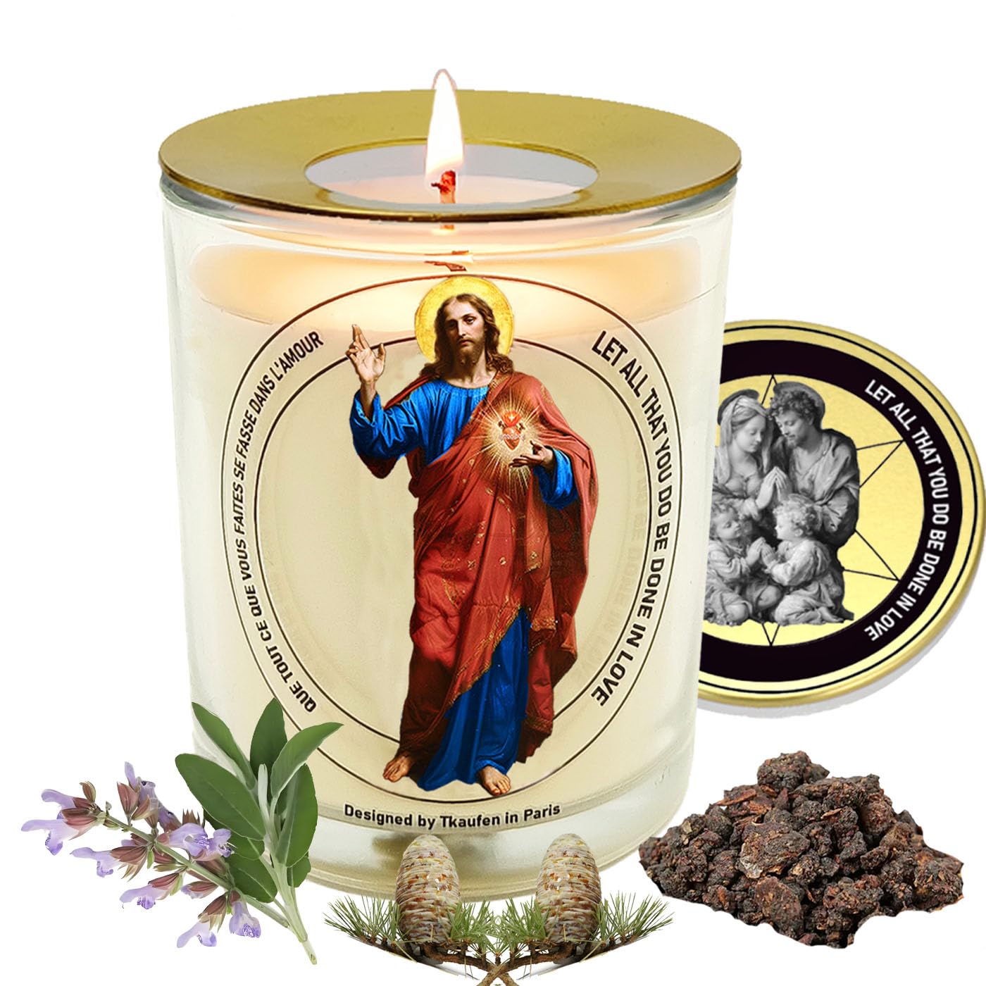 Vela Tkaufen Corazón Sagrado en vaso de vidrio elegante para orar.