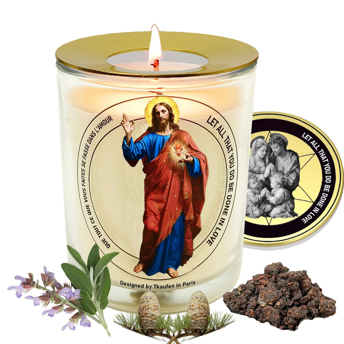 Vela Tkaufen Corazón Sagrado en vaso de vidrio elegante para orar.