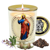 Vela Tkaufen Corazón Sagrado en vaso de vidrio elegante para orar.