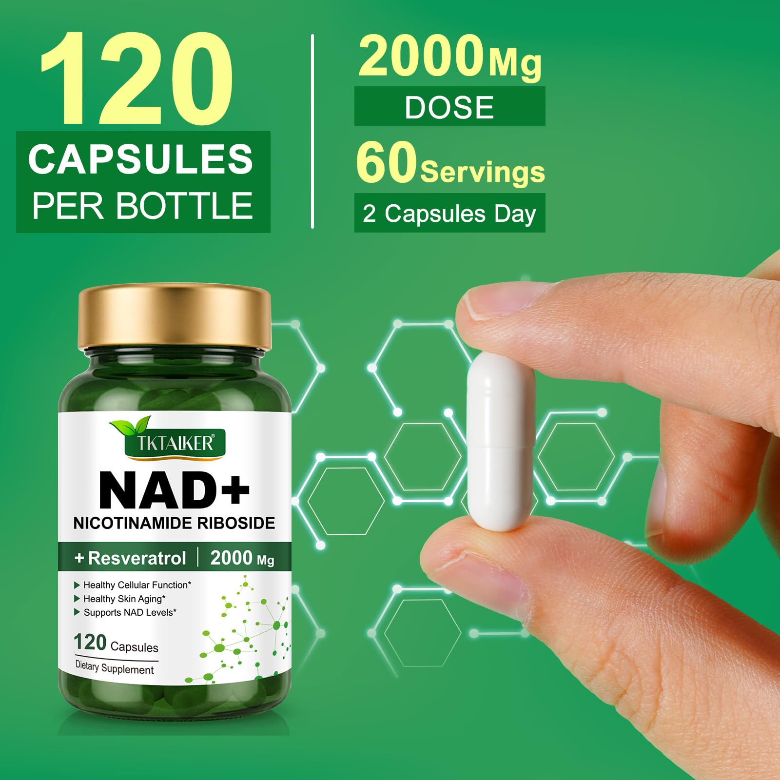TKTALKER NAD Resveratrol, cápsulas, enfoque en potenciar NAD+ y vitalidad.