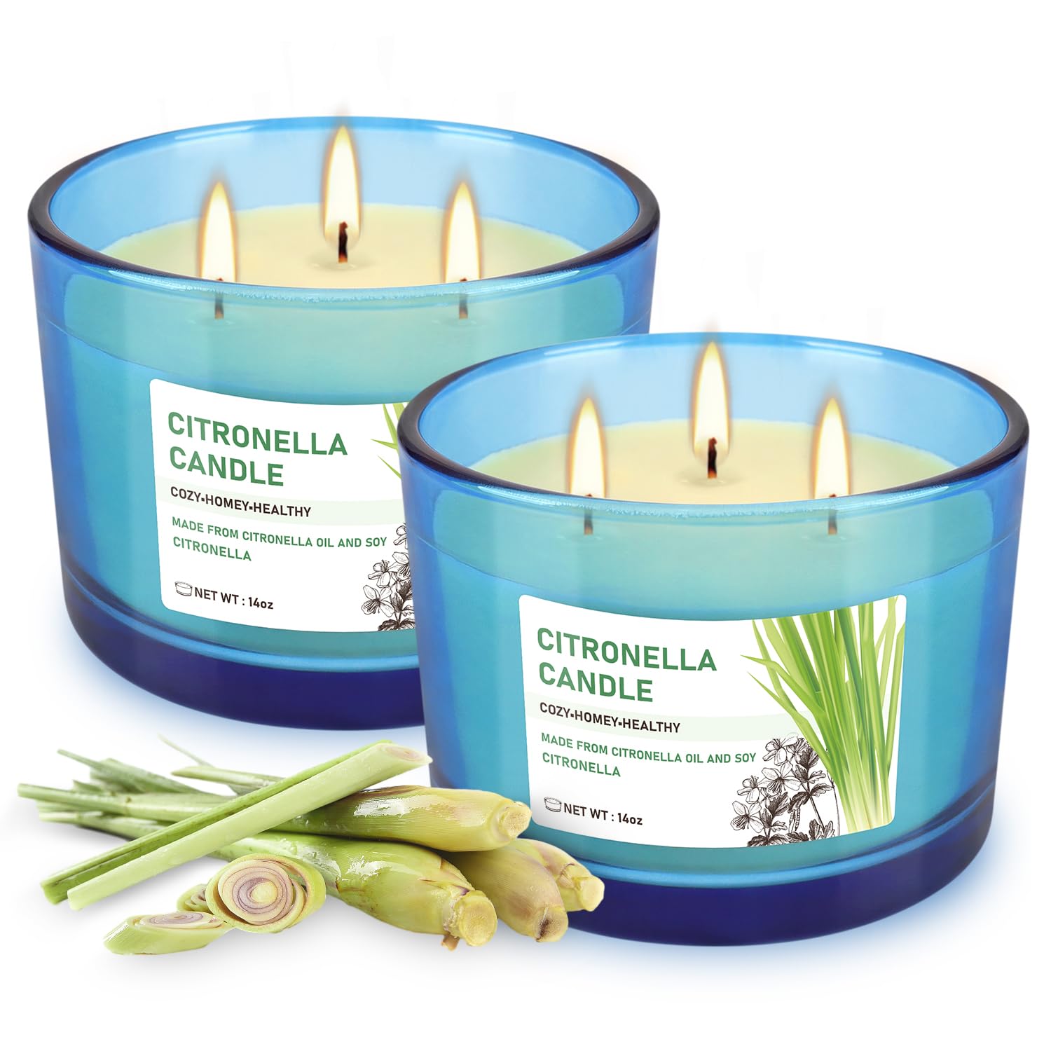 TLNFHRPI velas citronella triple-mecha en frascos azules, aroma intenso para exteriores.