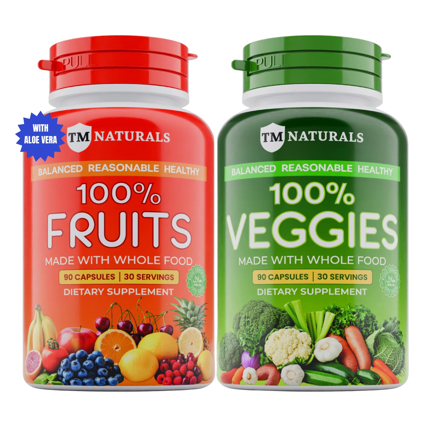 TM NATURALS cápsulas de frutas y verduras en envase para energía diaria.