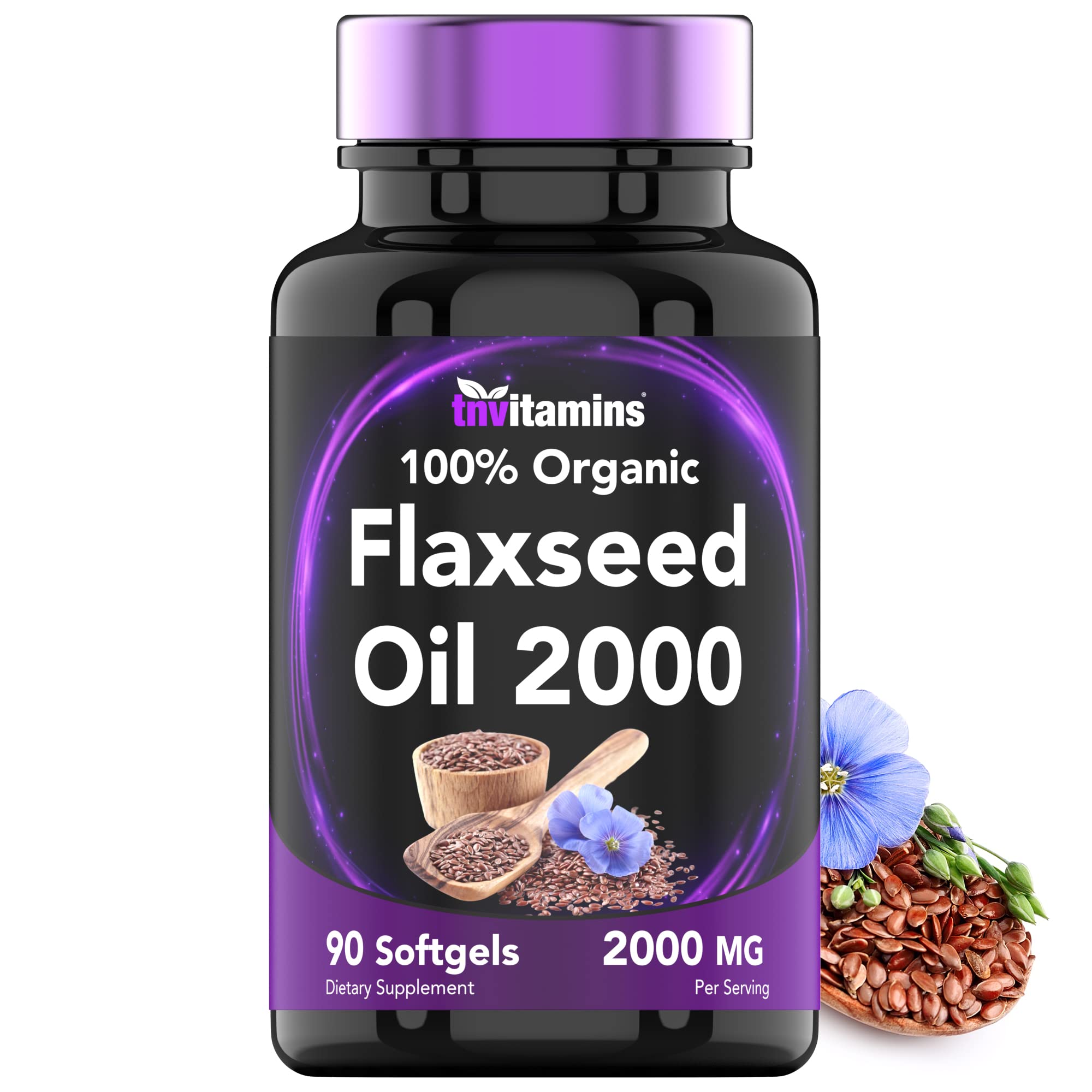 tnvitamins aceite de linaza orgánico en botella, fuente de omega-3 para uso diario.