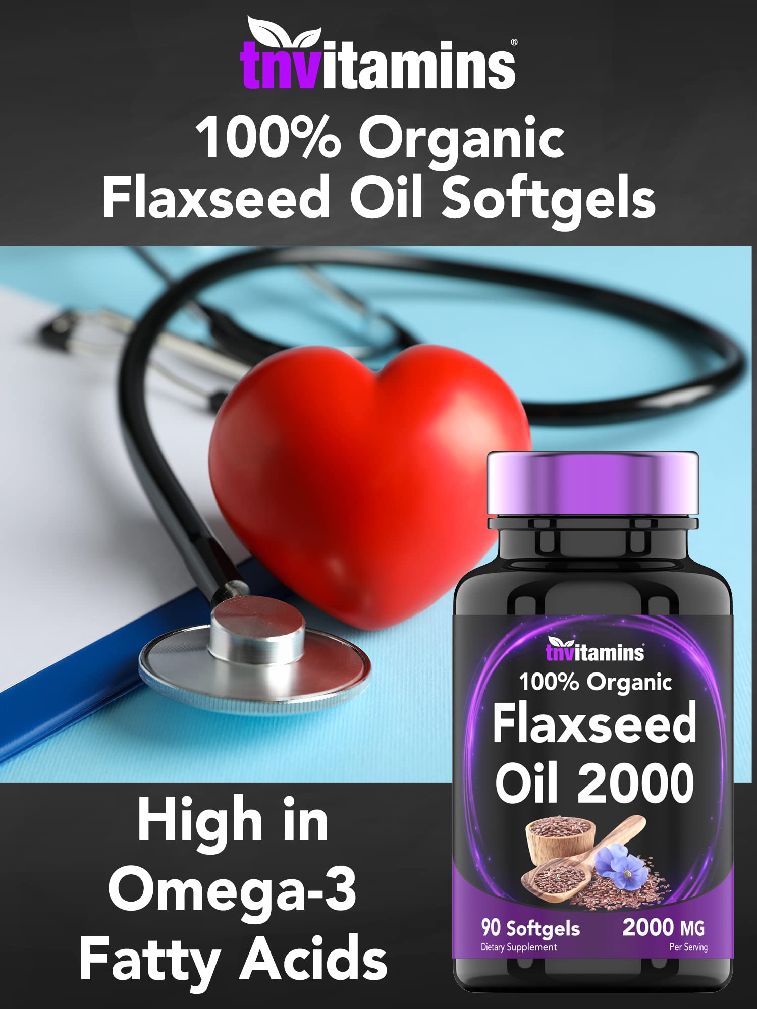 tnvitamins aceite de linaza rico en omega-3, apoyo diario para hábitos saludables.