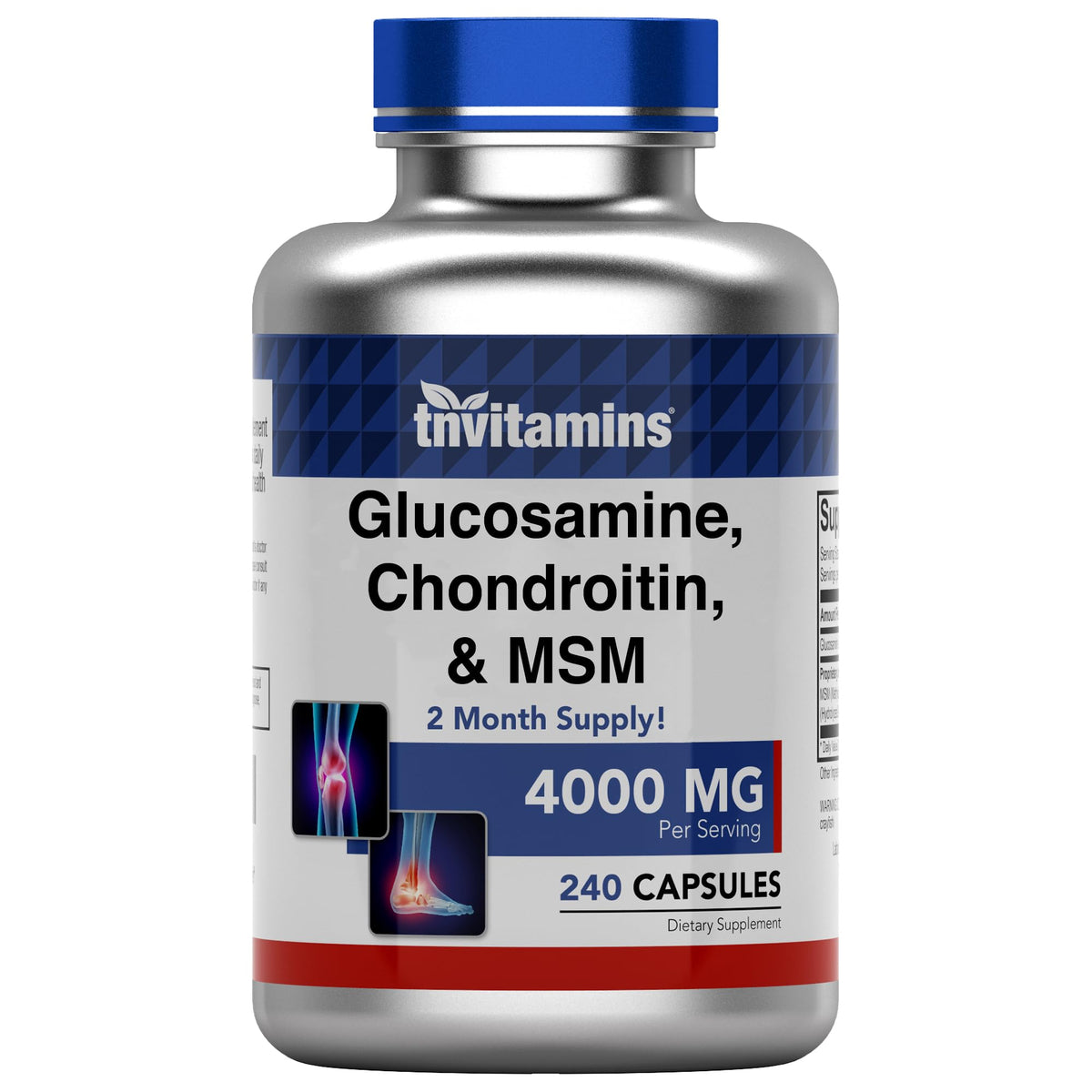 tnvitamins Glucosamina Condroitina MSM: cápsulas en botella para movilidad diaria.