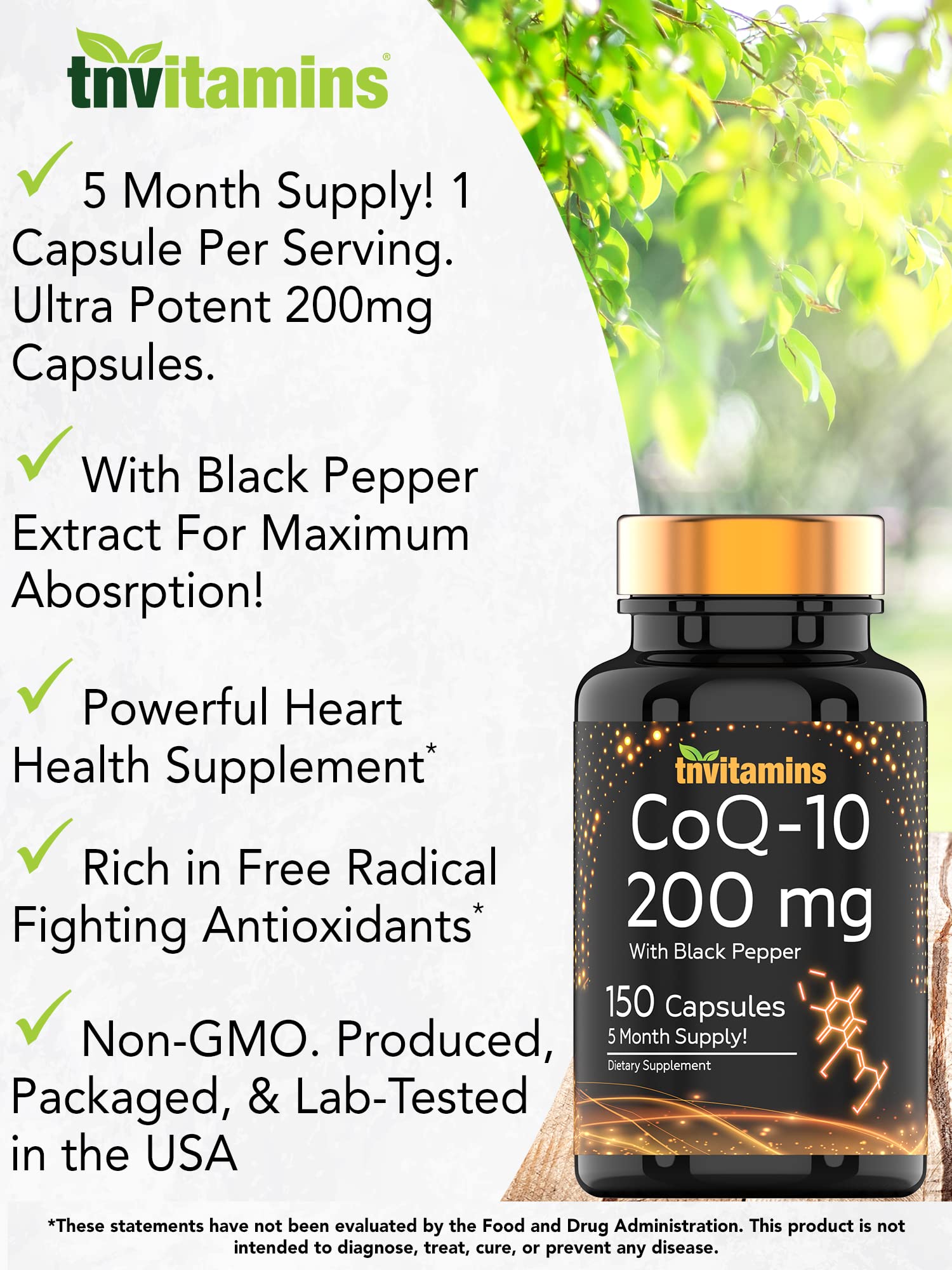 TNVitamins CoQ10 200 mg con extracto de pimienta negra mejora absorción