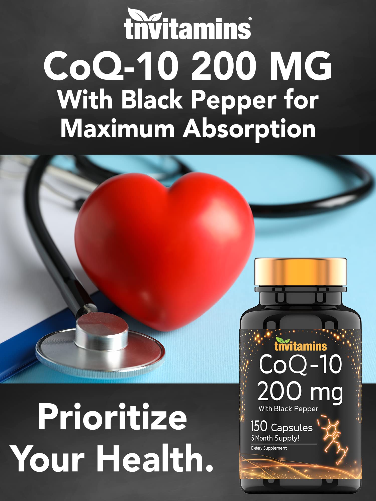 TNVitamins CoQ10 200 mg no-GMO libre de alérgenos para diversas dietas