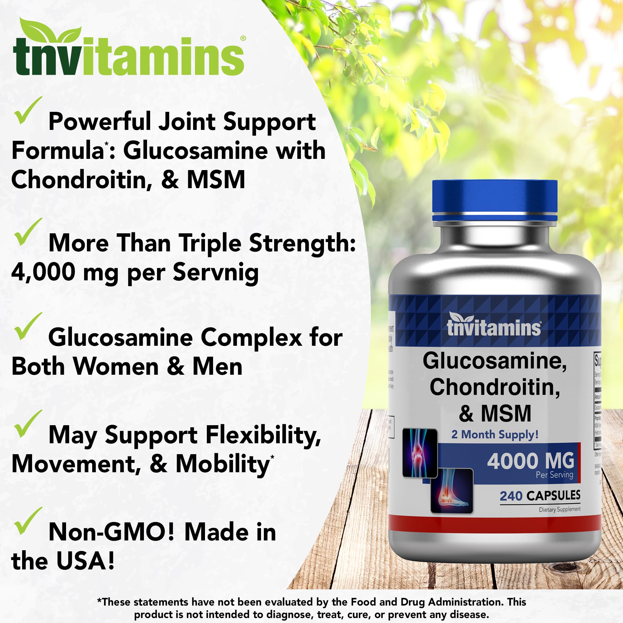 tnvitamins Ingredientes clave glucosamina condroitina MSM para movilidad activa.