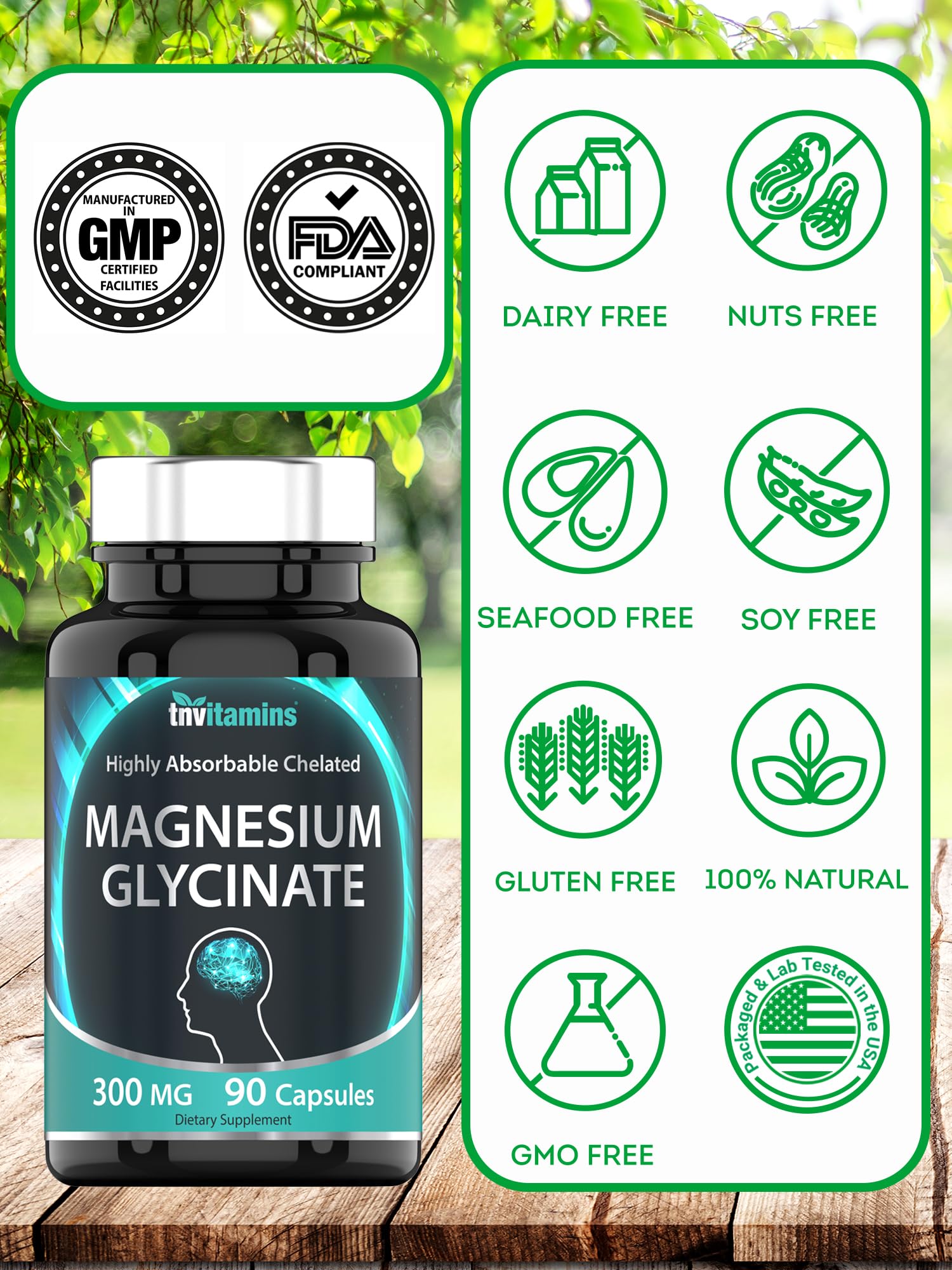 tnvitamins Magnesio Glicinato 300 mg — detalle de la cápsula que sugiere absorción suave