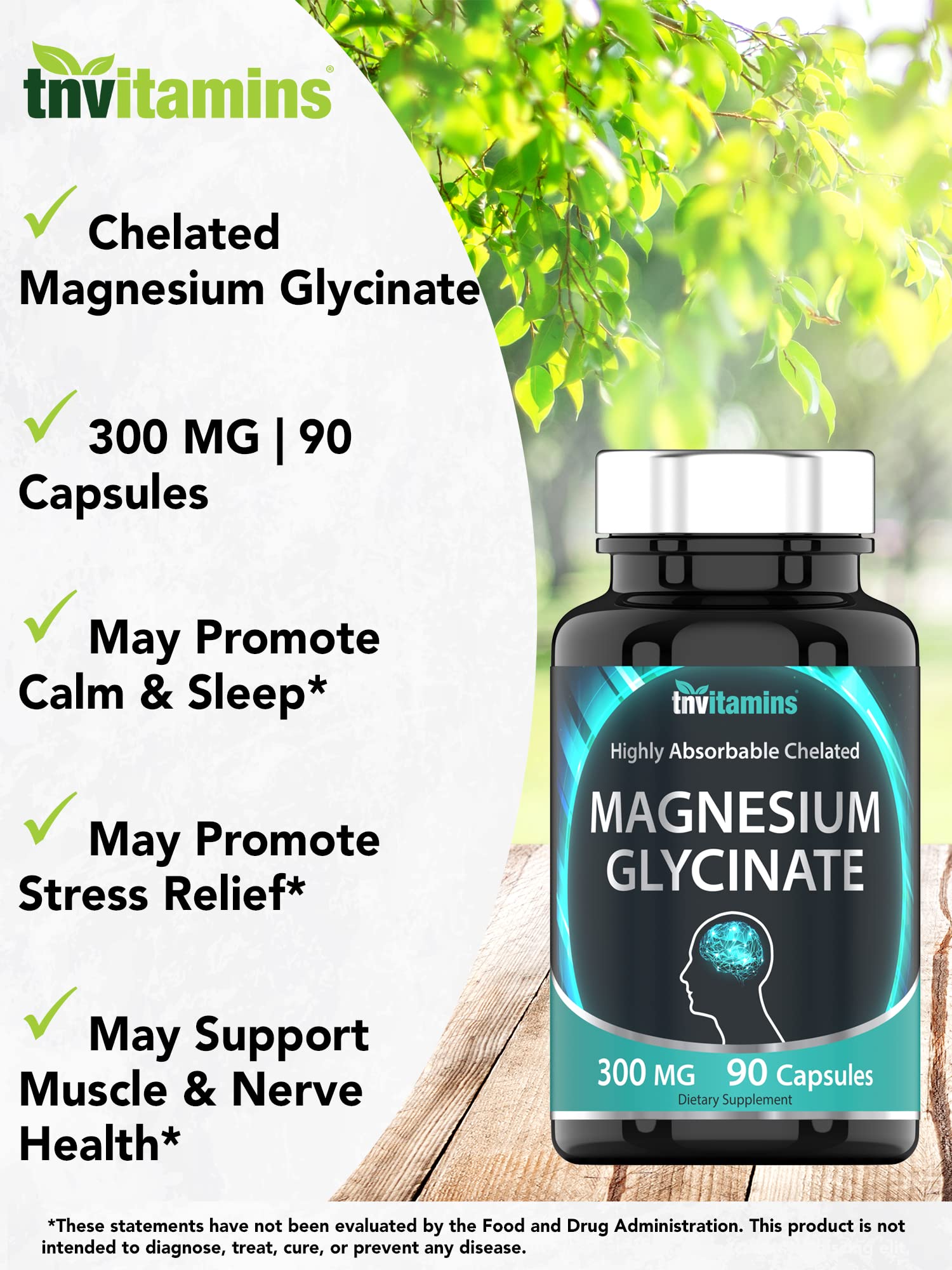 tnvitamins Magnesio Glicinato 300 mg — etiqueta clara que resalta la pureza y sin alérgenos