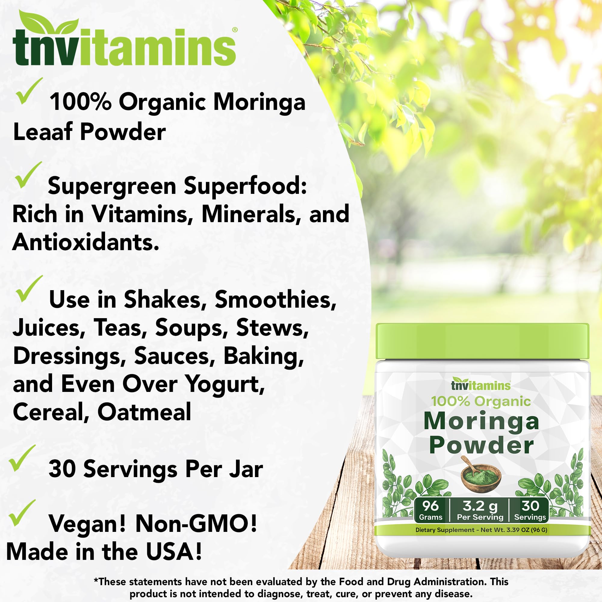 tnvitamins Moringa organica polvo: cuchara medidora para batidos nutritivos