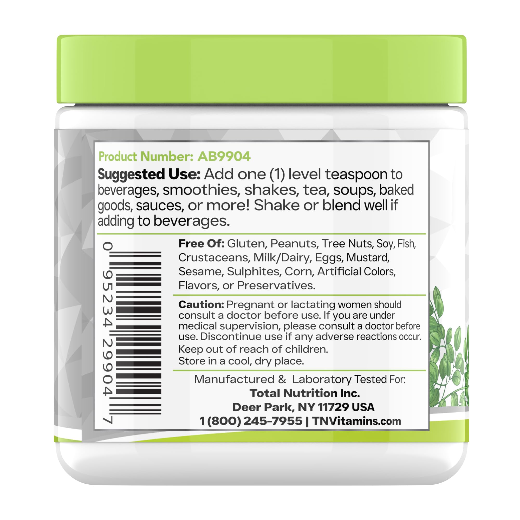 tnvitamins Moringa organica polvo: vaso con jugo nutritivo y color verde