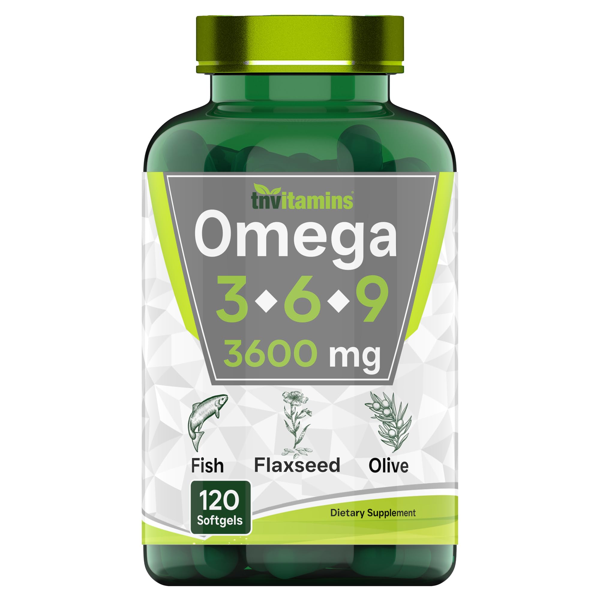 TNVitamins Triple Omega 3-6-9, botella de cápsulas para uso diario.